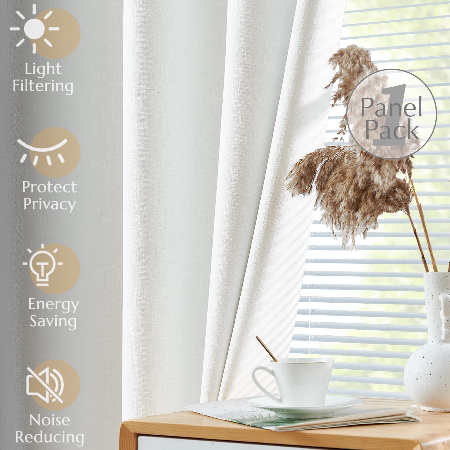 Jinchan Linen Fabric Curtain Room Darkening Window Treatment For Bedroom 72 Inch Long Thermal Insulated Living Room Curtain White 1 Panel