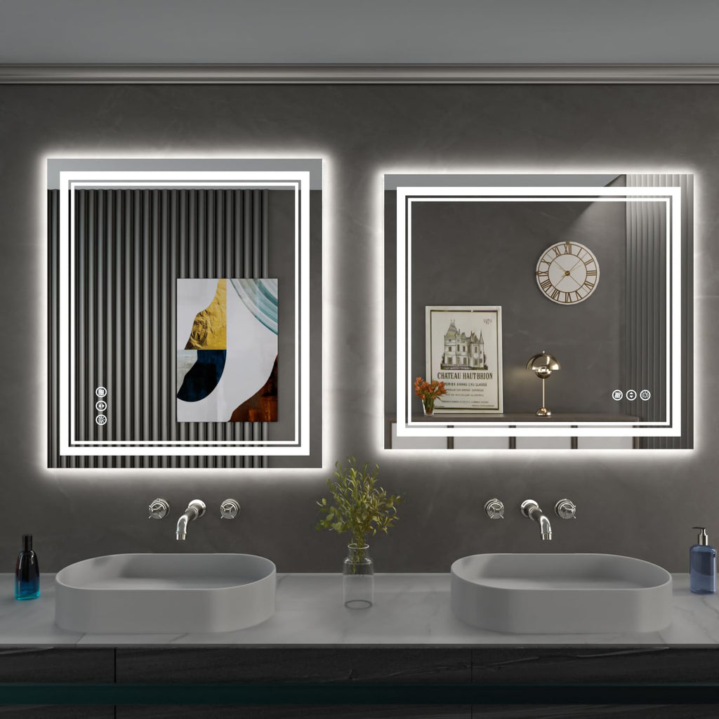 Istripmf 28 X 32 Inch Led Bathroom Mirror, Front Light And Backlit Anti-Fog Dimmable Memory Lighted Vanity Mirror, Shatterproof