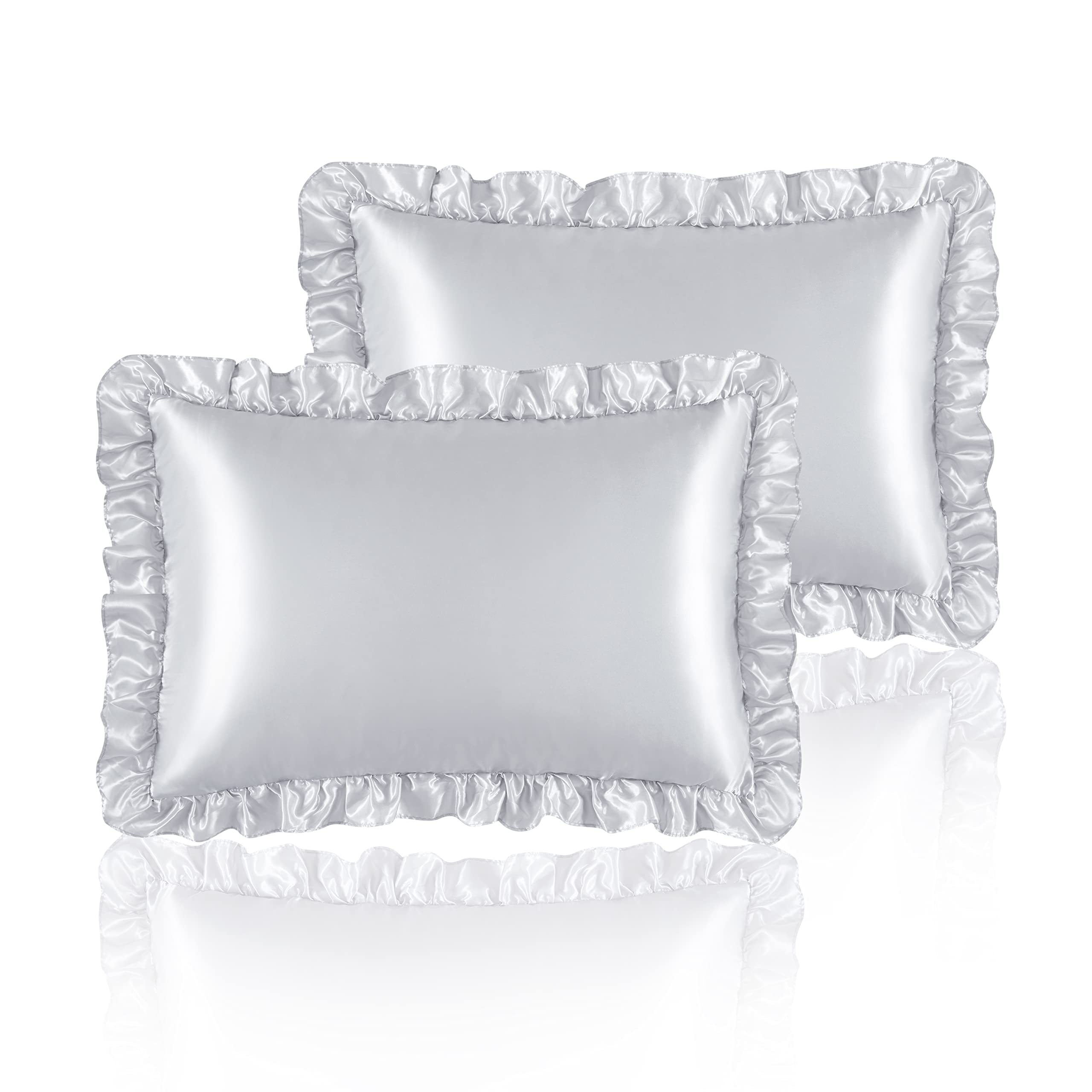 Hommxjf Silky Satin Ruffled Pillow Cases For Hair And Skin,Light Gray Silk Pillowcases King Set Of 2 With Envelope Closure Princ