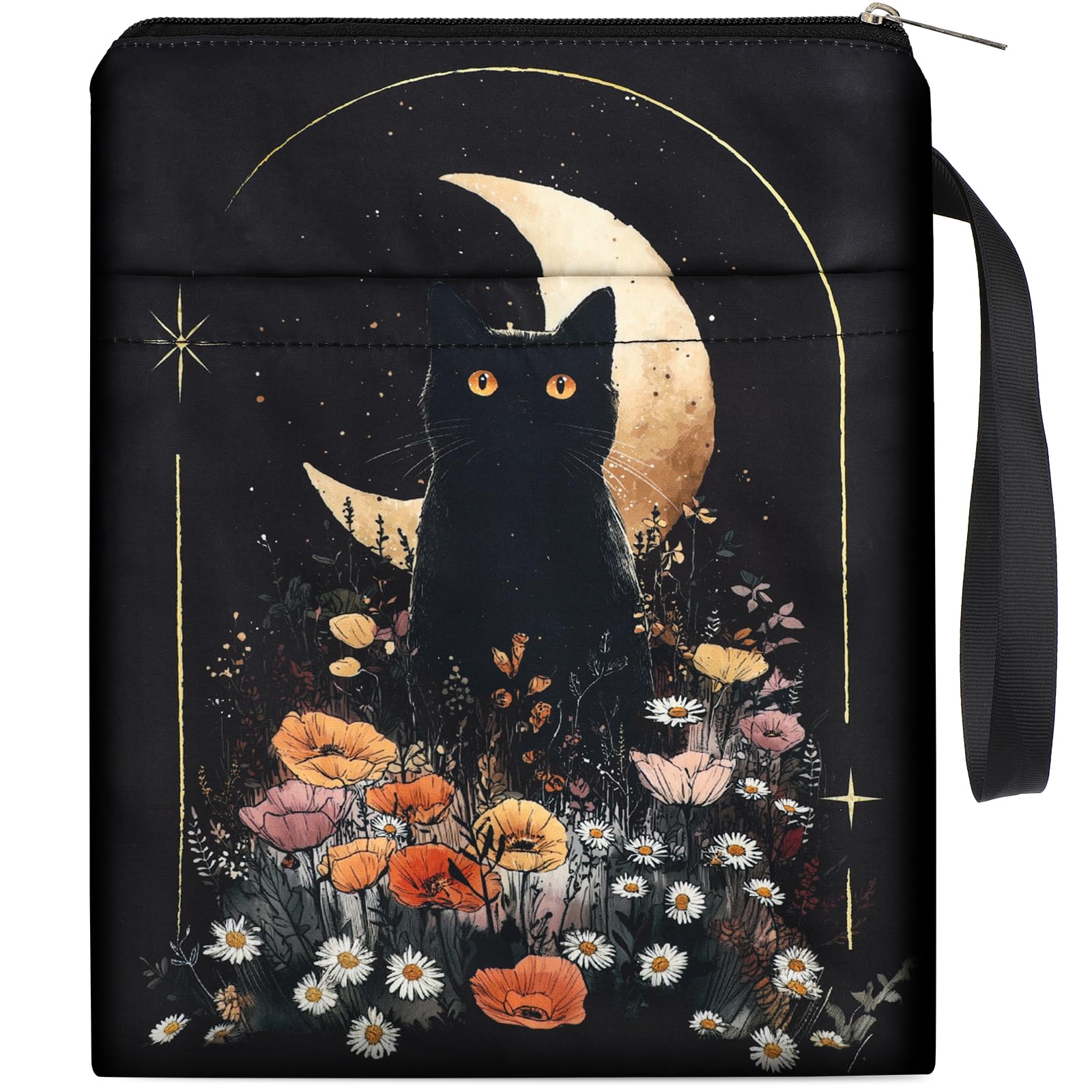 VeloKomo Book Sleeve with Zipper - Black Cat Books Cover Protector for Paperbacks Flower Moon Waterproof Bookish Pouch Reader Li