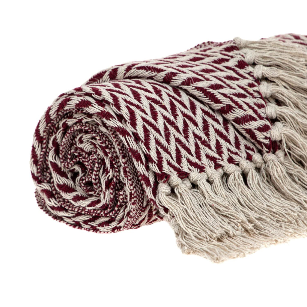 HomeRoots Cotton Burgundy Handloom Herringbone Weave with Tassels