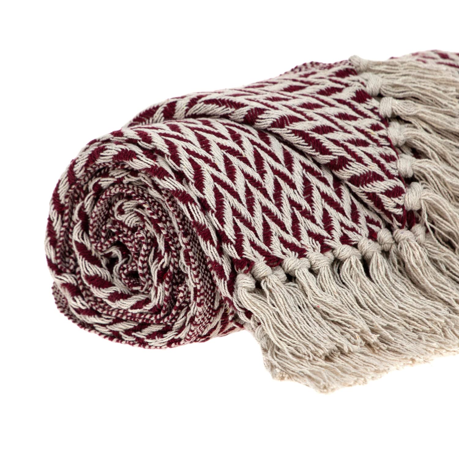 HomeRoots Cotton Burgundy Handloom Herringbone Weave with Tassels