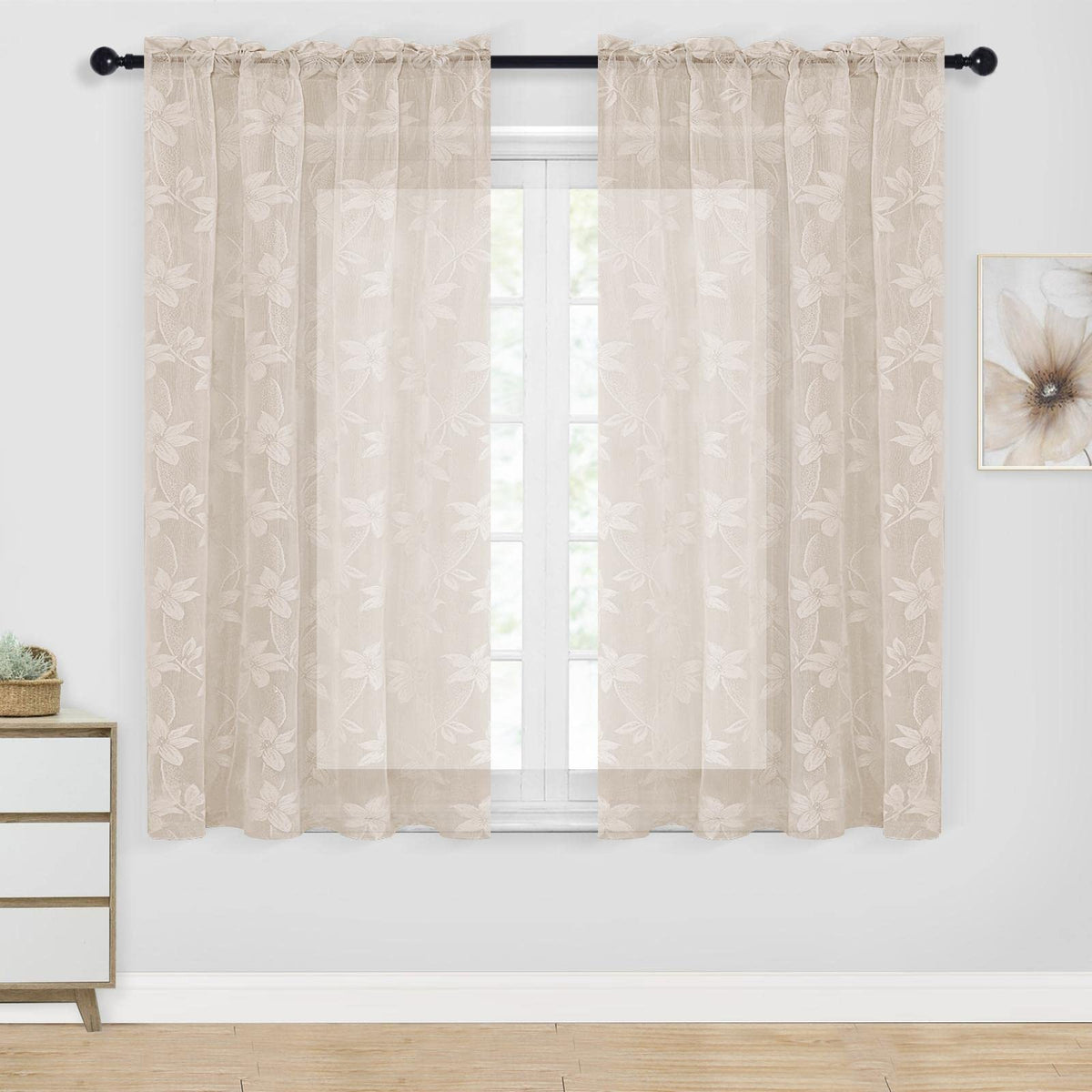 Dwcn Beige Short Sheer Curtains For Kitchen - Floral Lace Design Rod Pocket Window Voile Sheer Drapes For Kitchen Living Room Wi