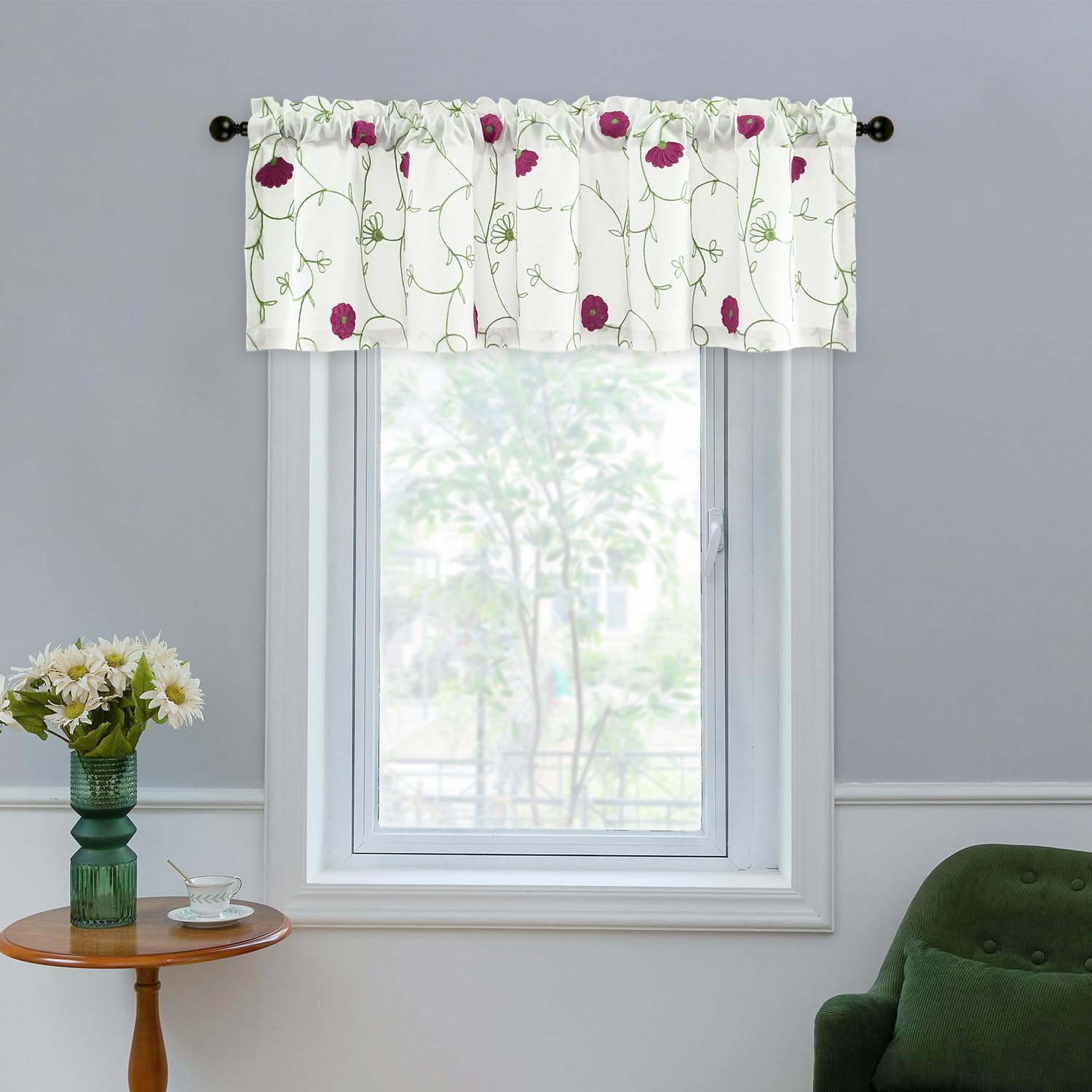 Vogol Pink Floral Country Style Valances, 52 X 12 Inch Linen Textured Kitchen Valance With Rod Pocket Design, Prevent Glare Smal
