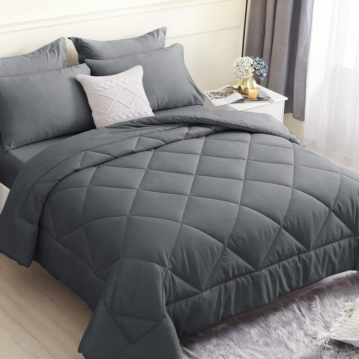 Hevumyi Twin Comforter Set, 5 Pieces All Season Bed In A Bag Grey, Down Alternative Bedding Sets With Twin Comforter, Flat Sheet