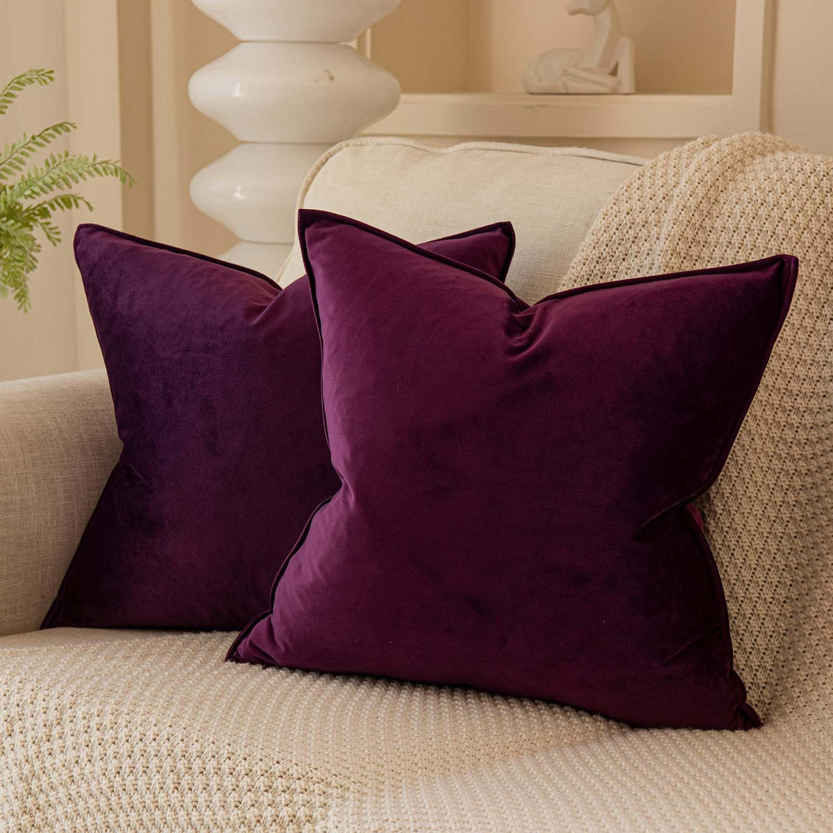 Juspurbet Eggplant Purple Decorative Velvet Throw Pillow Covers 28X28 Inch Set Of 2,Broadside Soft Cushion Case With Invisible Z