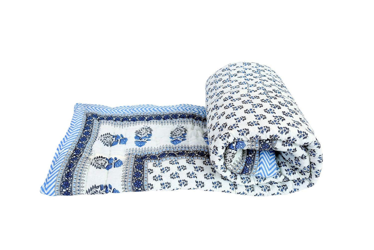 SVT Double Bed Size Jaipuri Cotton AC Quilt Razai with Gold Prints (King Size)