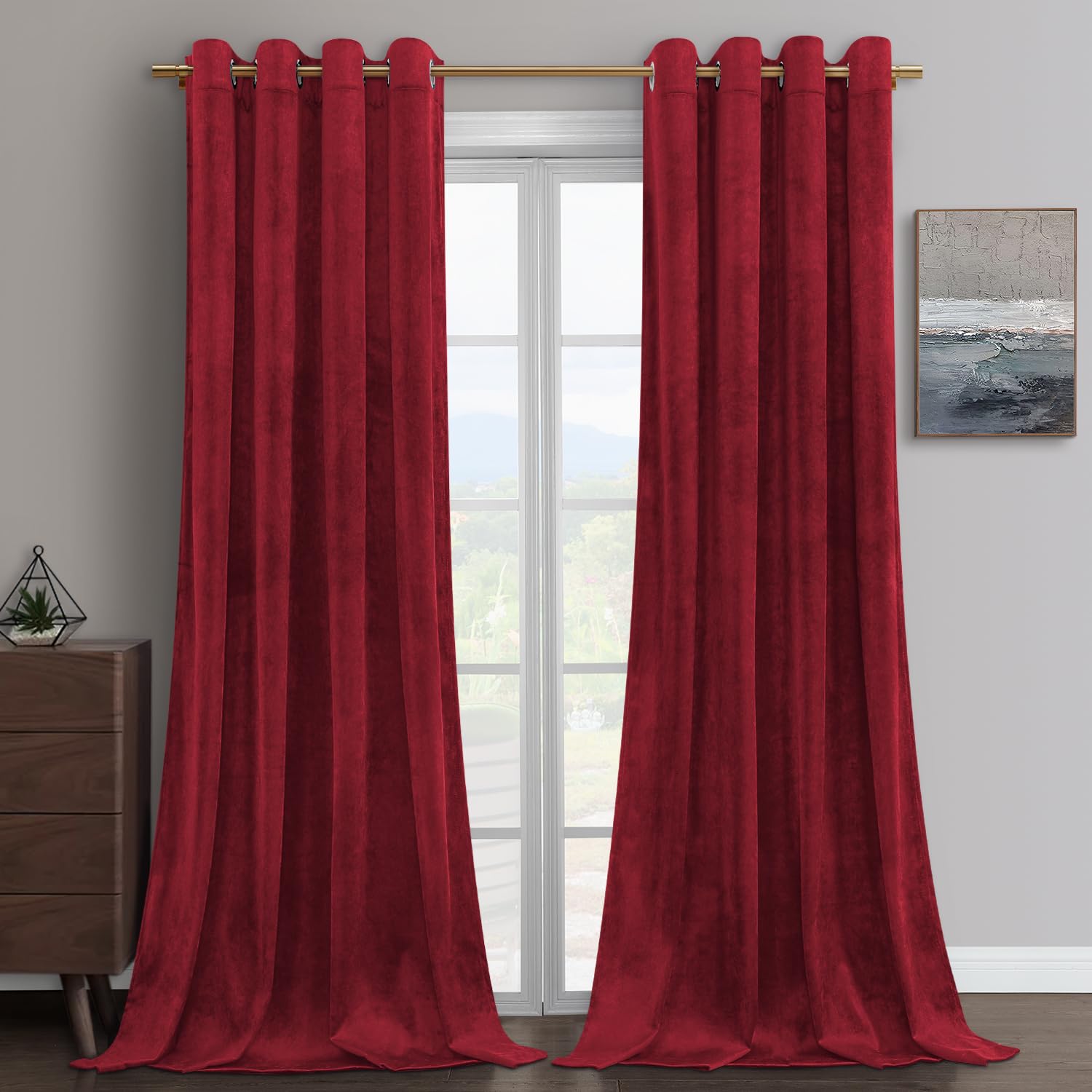 Homeideas Red Velvet Curtains 96 Inches Long 2 Panel Heavy Duty Light Blocking Curtains For Threater/Film Room Thermal Insulated