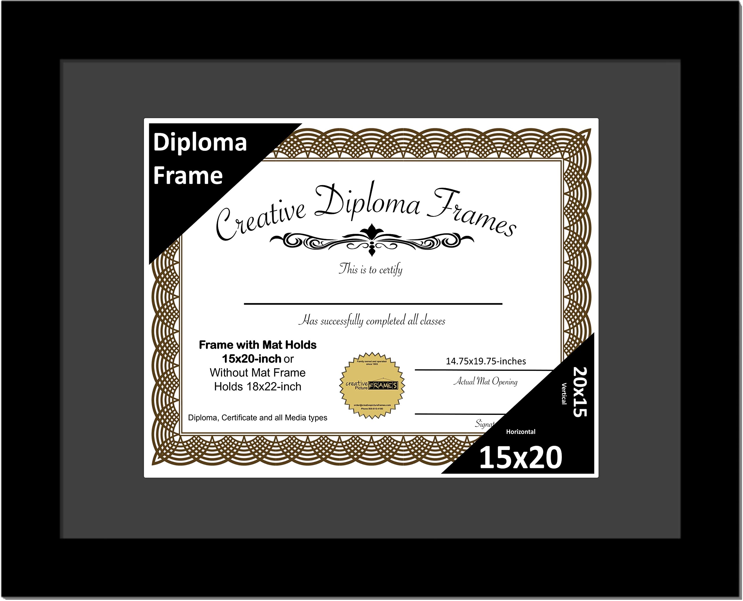 Creative Picture Frames 15x20 Classic Black Diploma Frame with Black Mat Glass Easel and Installed Wall Hangers | Frame Holds 18