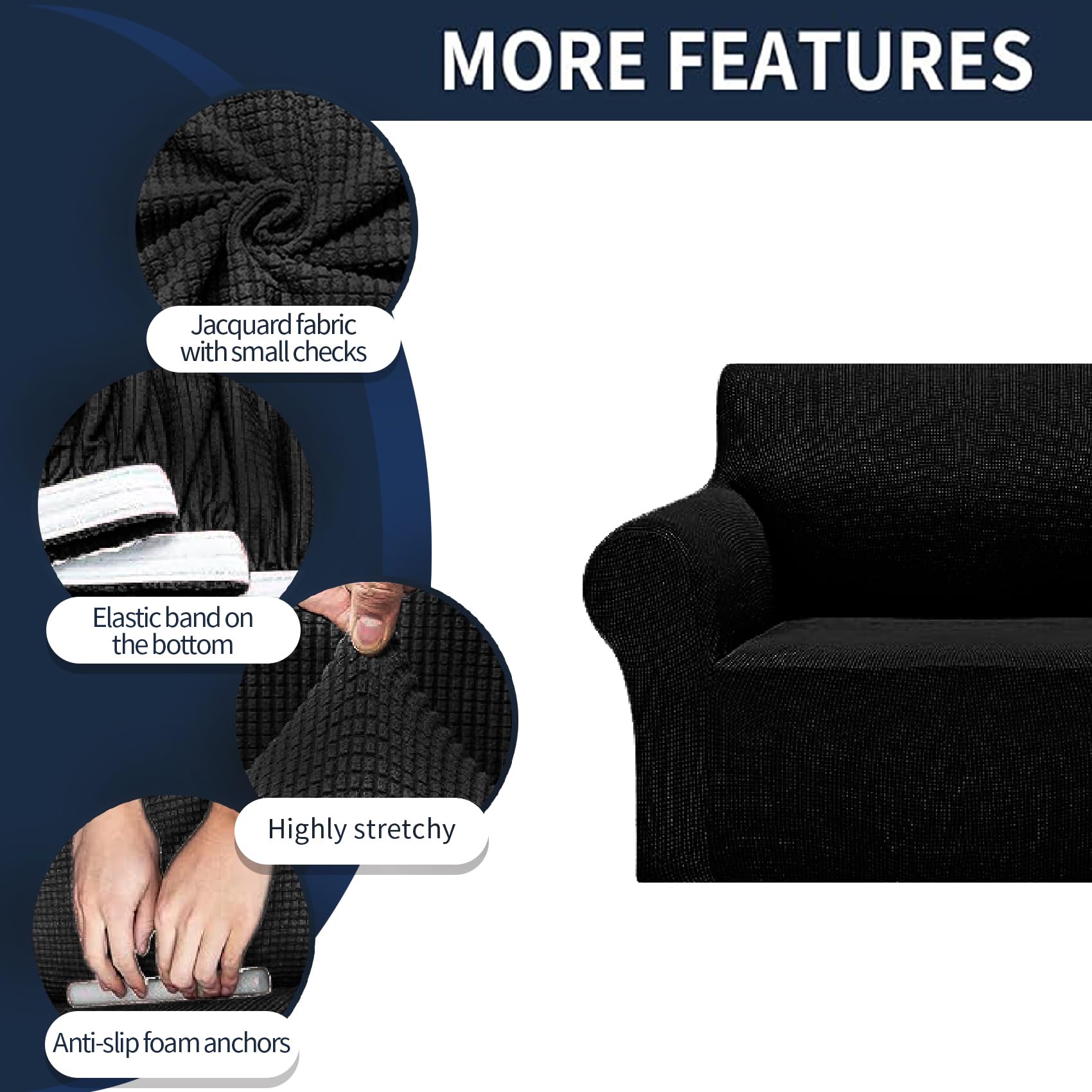 2025 New Stretch Loveseat Sofa Slipcovers Couch Cover For 2 Cushion Furniture Protector Sofa Covers With Elastic Bottom Jacquard Fabric Small Checks For Pets, Kids - Black