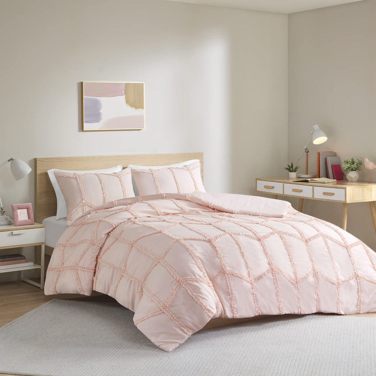 Intelligent Design Jolene Comforter Set Pleated Chiffon Ruffled Trim Geometric Design, All Season, Cozy Bedding, Matching Sham,
