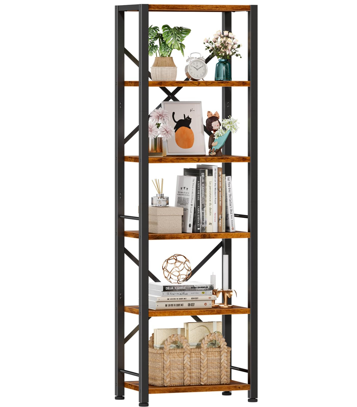 Furologee 6 Tier Tall Bookshelf, Industrial Narrow Bookcase, Display Standing Shelf Units, Metal and Wood Storage Rack Organizer