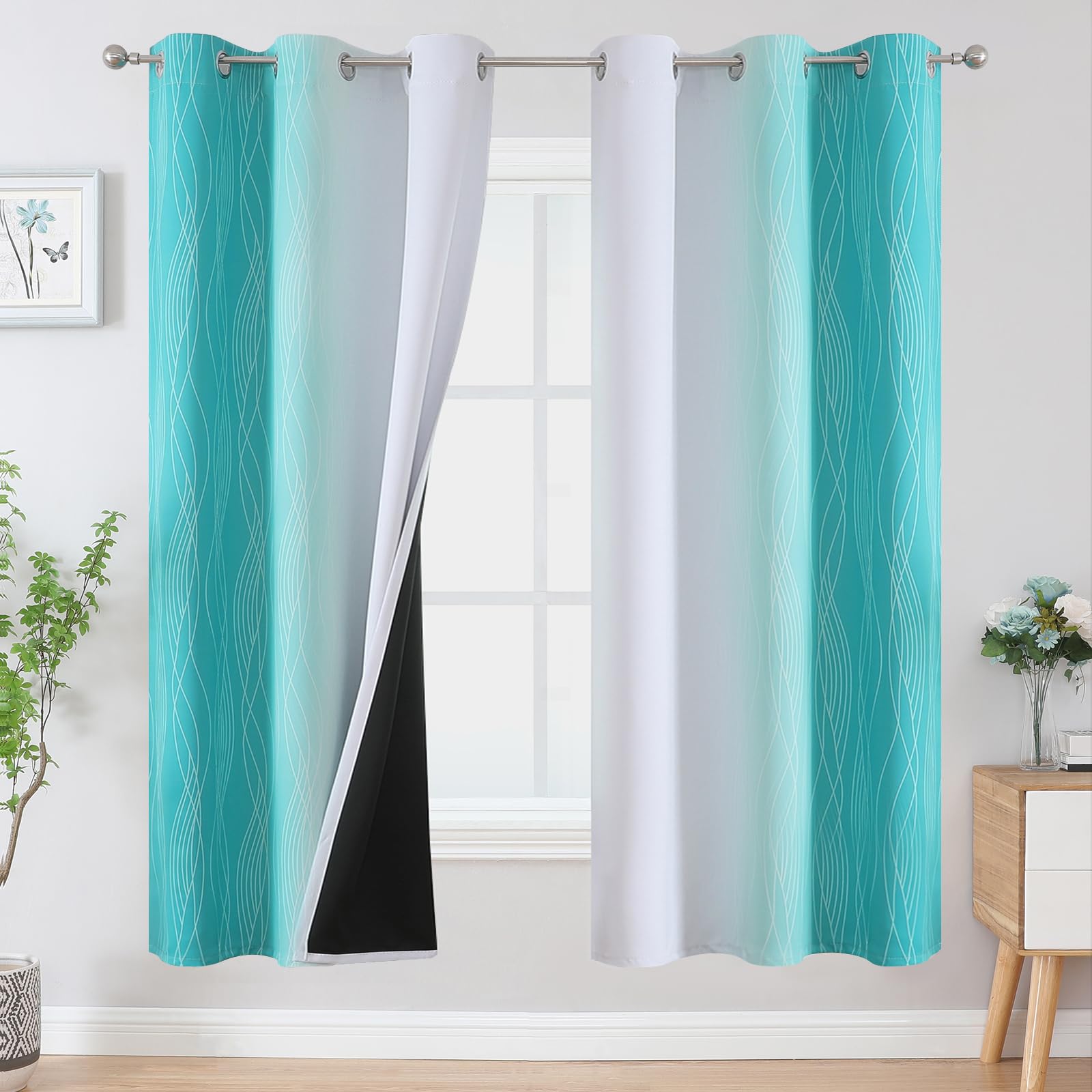Estelar Textiler Teal And Greyish White Ombre Blackout Curtains 72 Inches Length For Bedroom, Thermal Insulated Light Blocking G