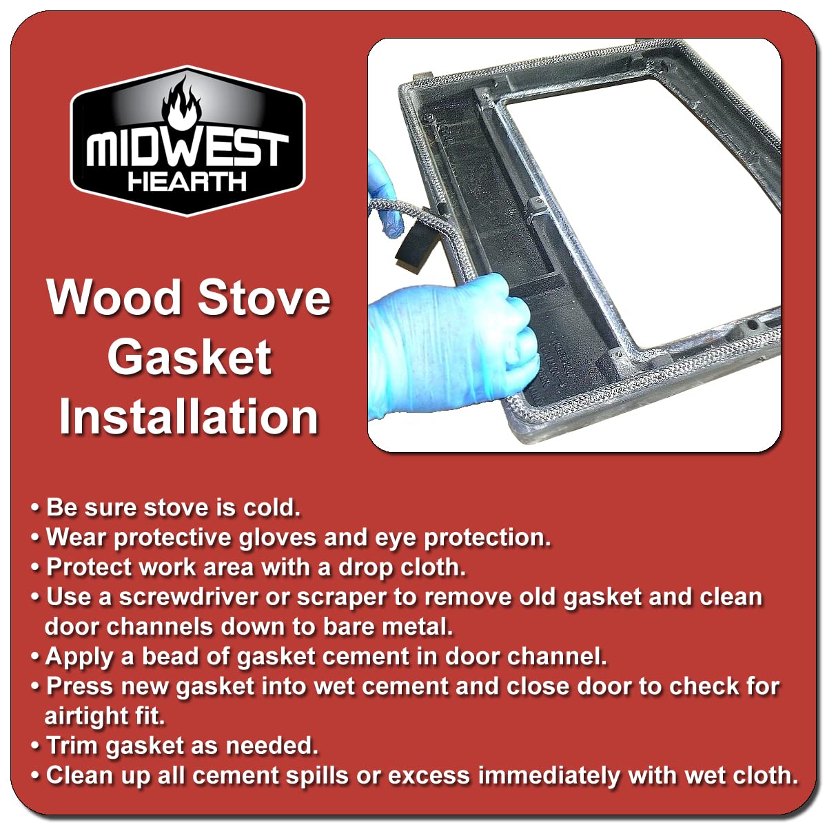 Midwest Hearth Wood Stove Replacement Gasket Kit For Woodburning Stoves - Graphite Impregnated Fiberglass Gaskets And Adhesive (