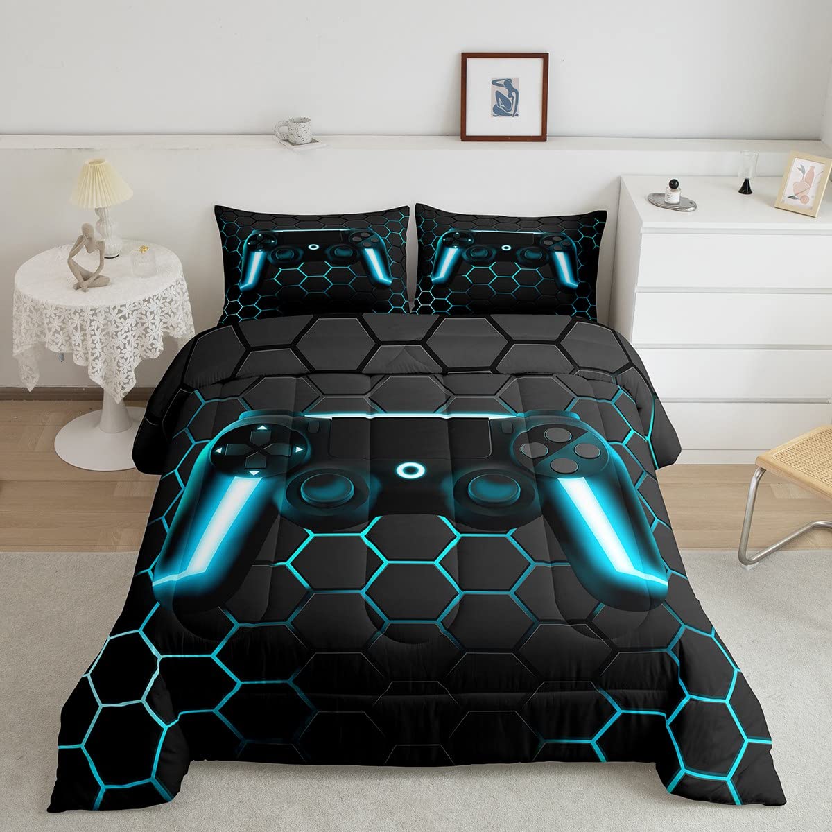 Gaming Comforter For Boys Teens Game Bedding Sets Twin,Kids Gamer Comforter Set Game Home Decor,Soft Neon Lights Gamepad Duvet I