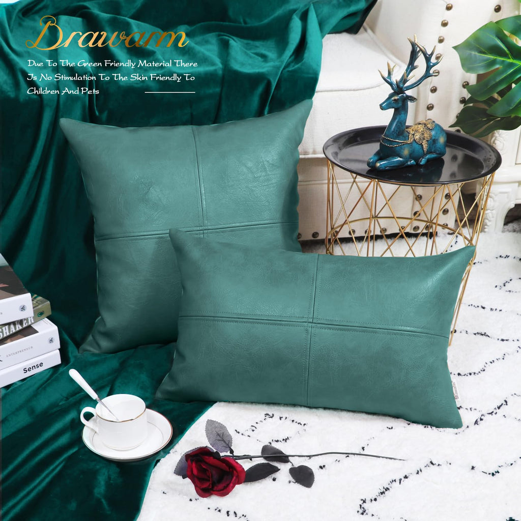 Brawarm Faux Leather Throw Pillow Covers 18 X 18 Inches, Teal Leather Pillow Cover, Hand Stitched Leather Decorative Pillow Cove