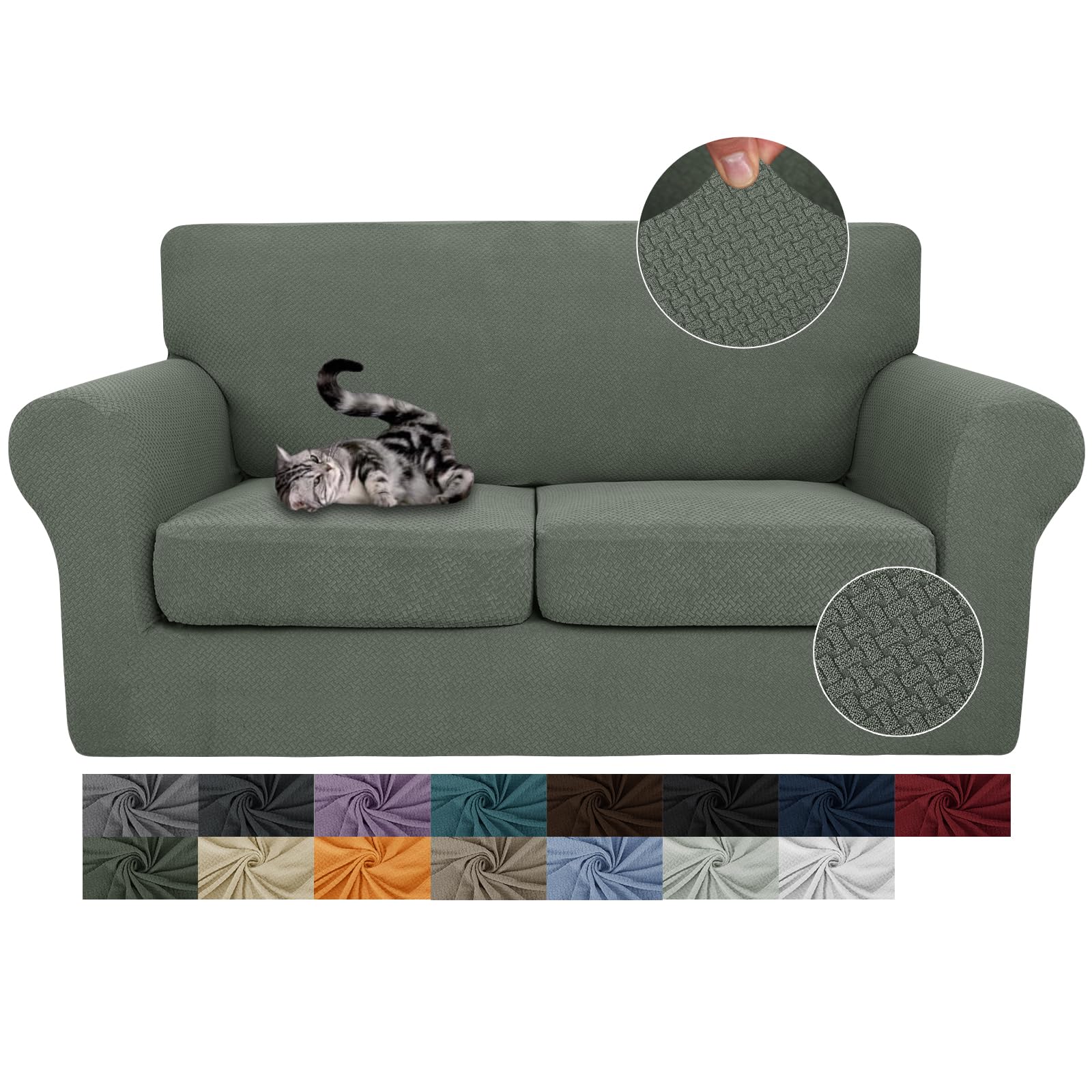 Jiviner 3 Pieces Stretch Couch Covers For 2 Cushion Couch Fitted Thick Loveseat Sofa Slipcover With 2 Seat Cushion Covers For Living Room Pet Dogs (Loveseat, Army Green)