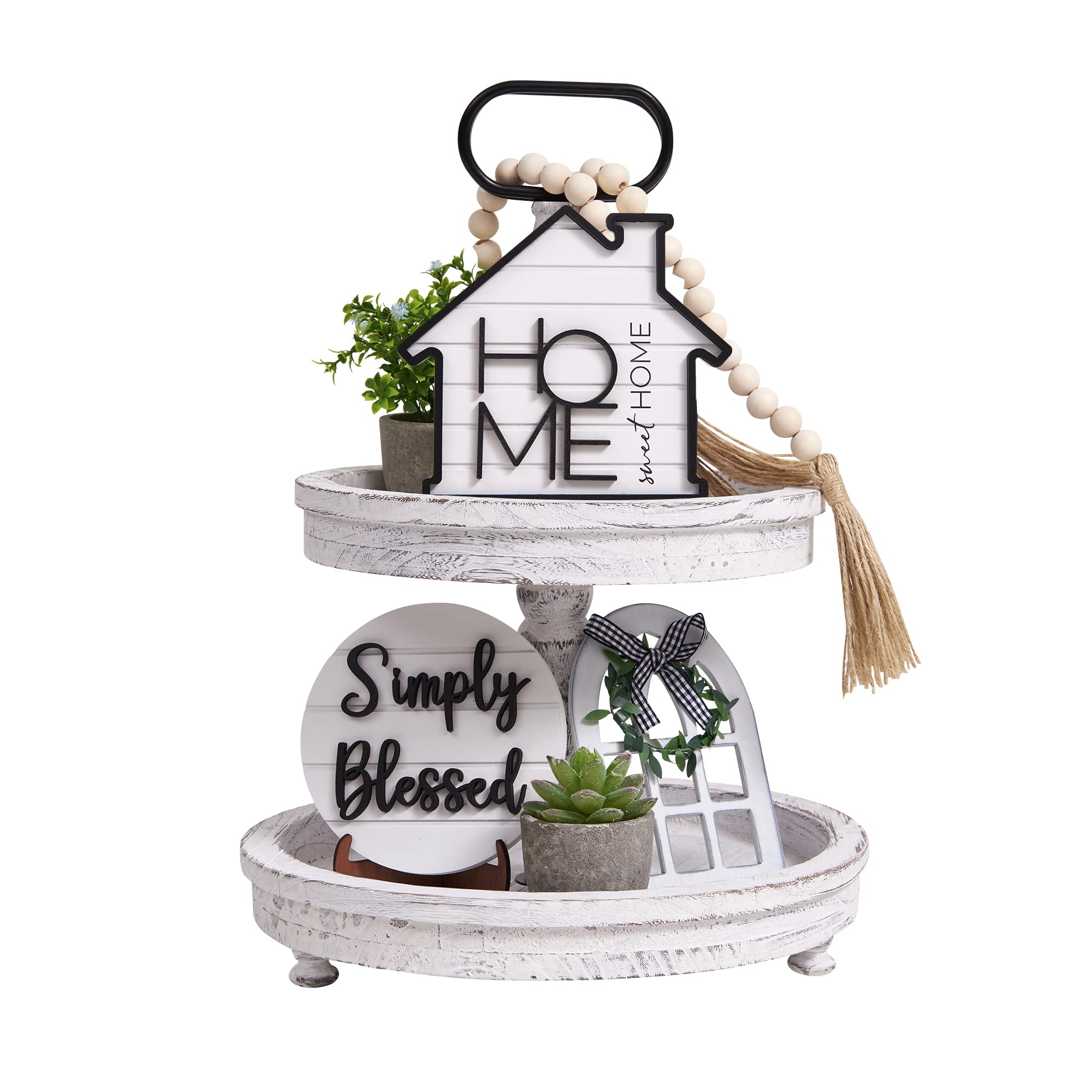 Houmury Set of 8 Farmhouse Tiered Tray Decor with 1 Artificial Succulent Plant & 1 Artificial Plant for Rustic Home Sweet Home K