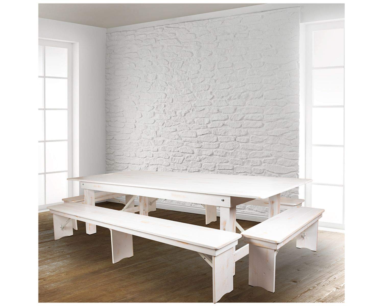 Flash Furniture Hercules Series 9' X 40&quot; Antique Rustic White Folding Farm Table And Four Bench Set