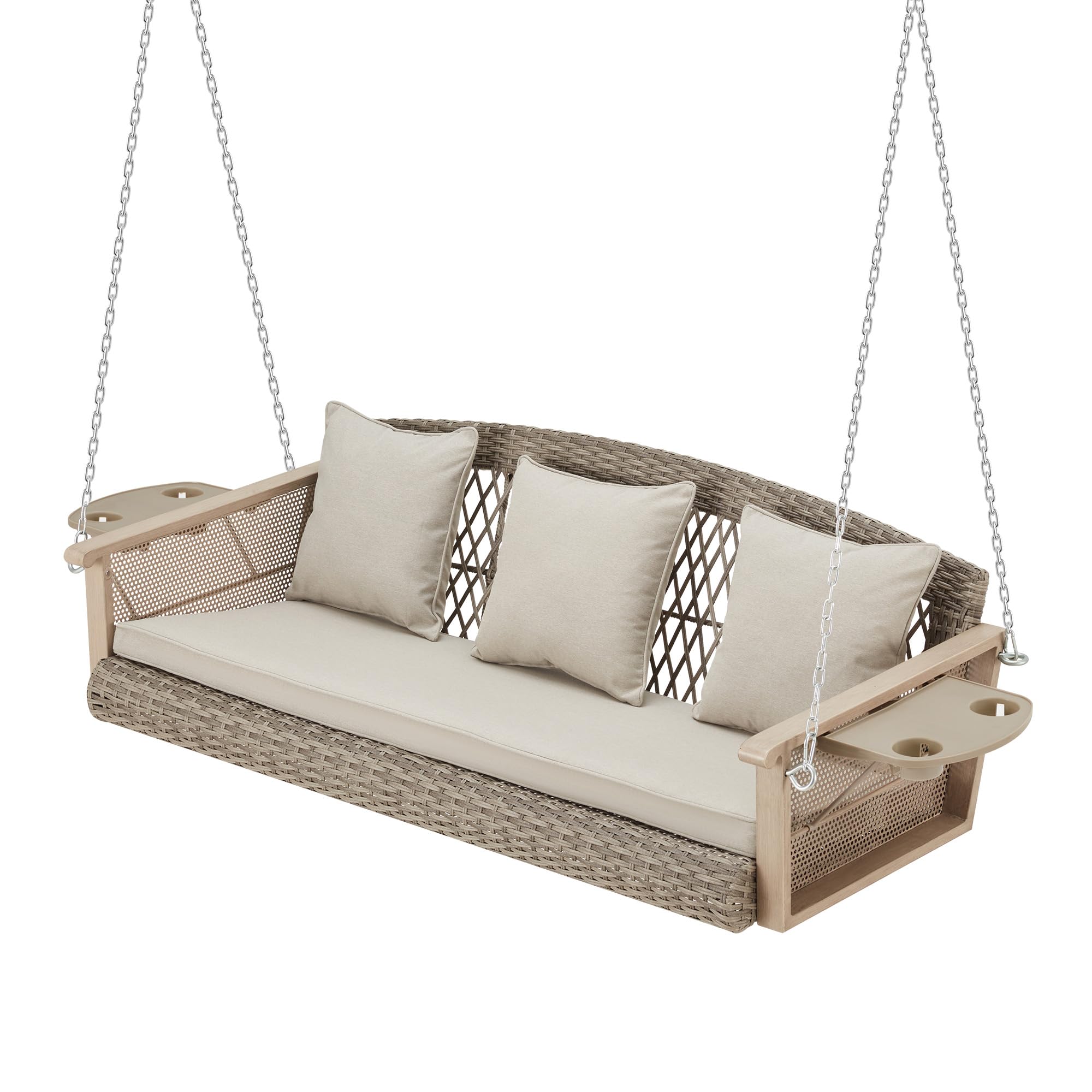 Homrest 3-Person Wicker Porch Swing With Upgraded Cup Holder, 55 Inch Patio Hanging Swing Bench Chair With Cushions 900Lbs Capacity Chains For Deck Garden Backyard (Beige)