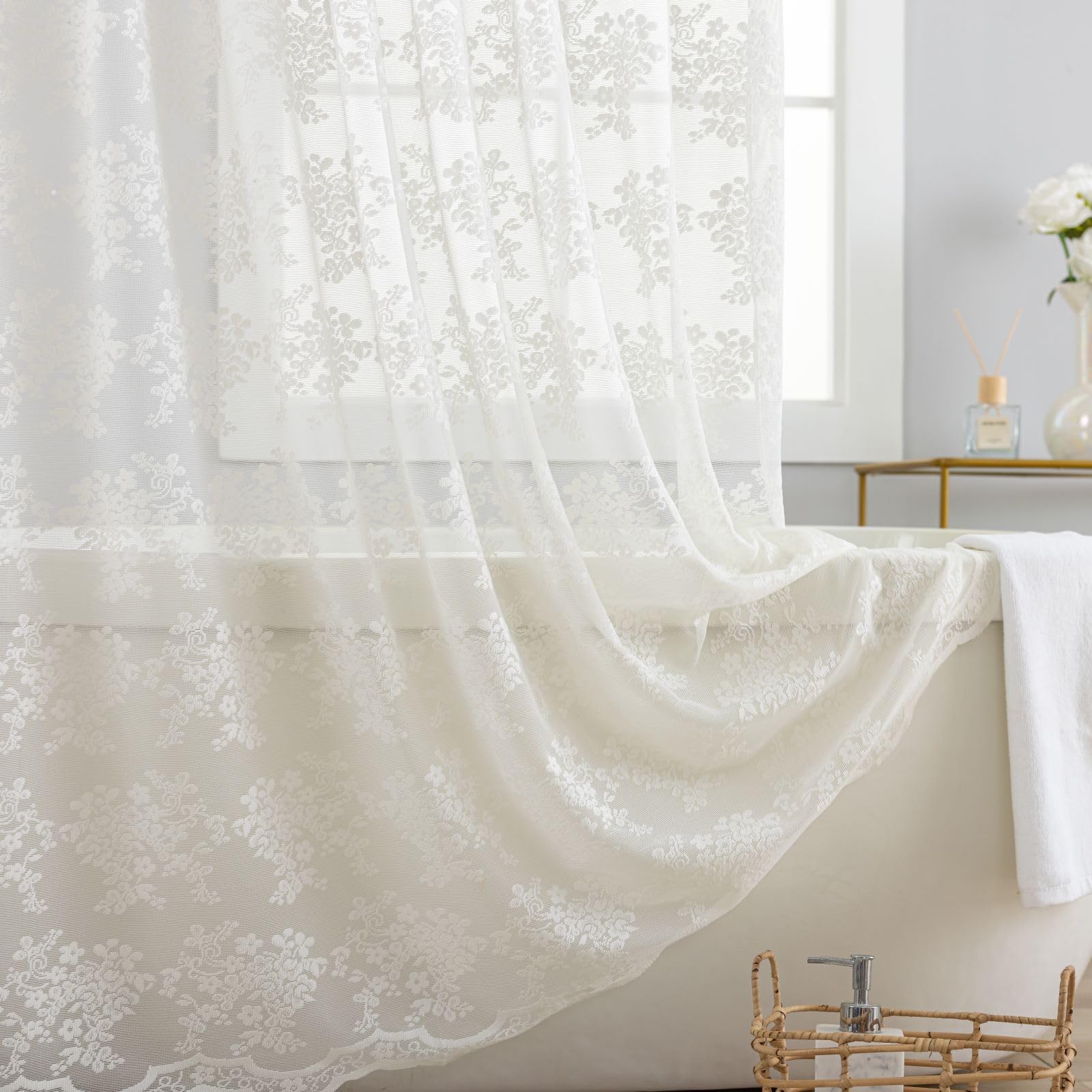 Tudeco Ivory Lace Shower Curtain With Attached Valance, Knitted Rustic Vintage Floral Shower Curtain For Bathroom, Scalloped Edg