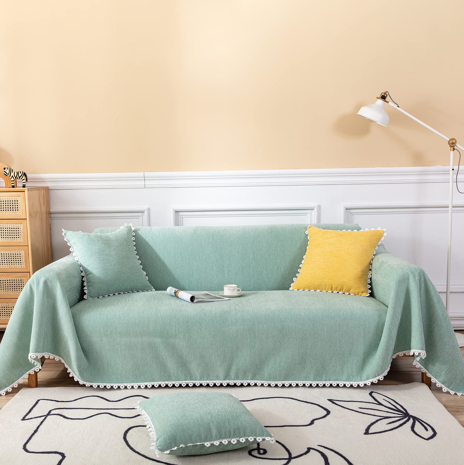 Handontime Light Green Couch Covers For 3 Cushion Couch Sofa Cute Sofa Covers Chenille Couch Cover For Dogs Sectional Sofa L Shape Futon Couch (71' X134', Green)