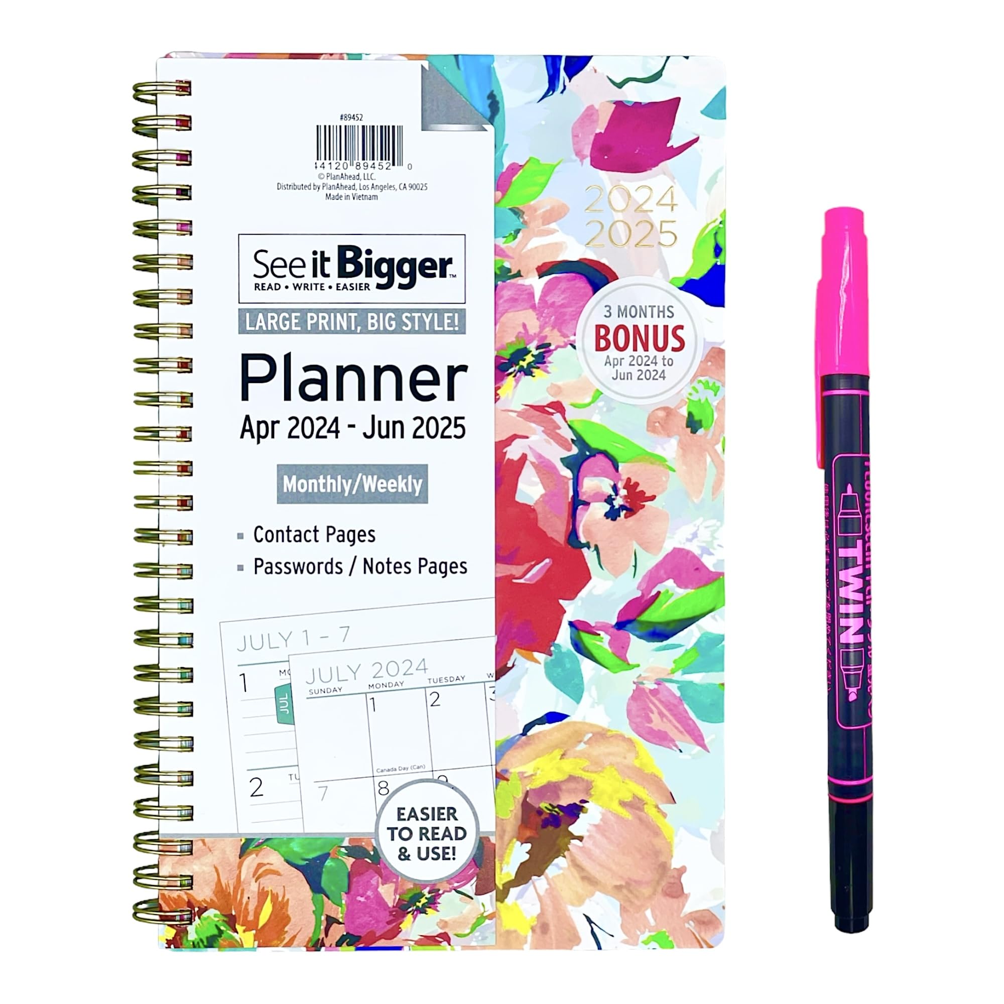 Planahead See It Bigger April 2024 - June 2025 Size 8.75' X 5.5' X 0.5' Monthly/Weekly Medium Planner And Twin Fluorescent Pe