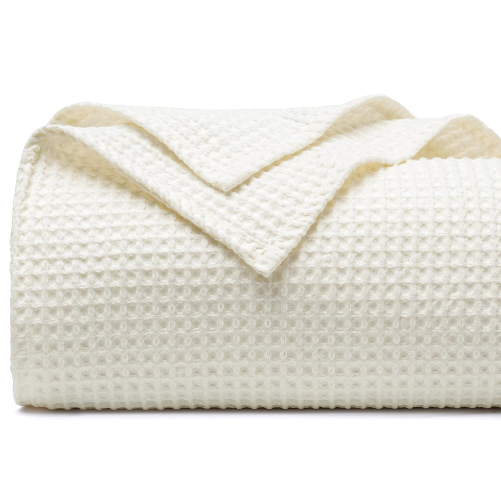 Phf 100% Cotton Waffle Weave Blanket Queen Size 90'X90' - Lightweight Cozy Washed Soft Breathable Throw - Great Layer For Couch Bed Sofa - Elegant Aesthetic Home Decoration Gift - Cream