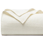 Phf 100% Cotton Waffle Weave Blanket Queen Size 90'X90' - Lightweight Cozy Washed Soft Breathable Throw - Great Layer For Couch Bed Sofa - Elegant Aesthetic Home Decoration Gift - Cream