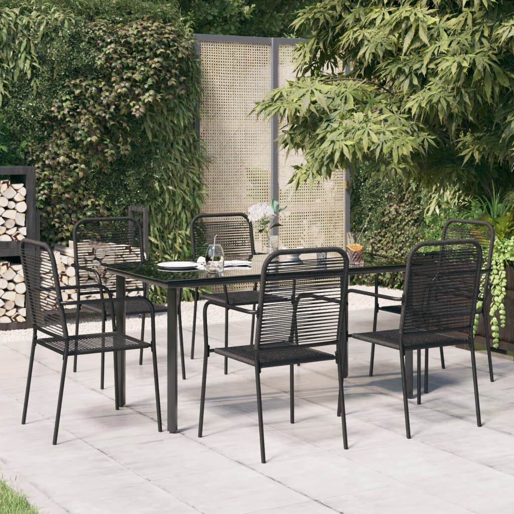 vidaXL Modern 7-Piece Patio Dining Set with Tempered Glass Tabletop and Stackable Chairs, Black Cotton Rope and Powder-Coated Steel Frame