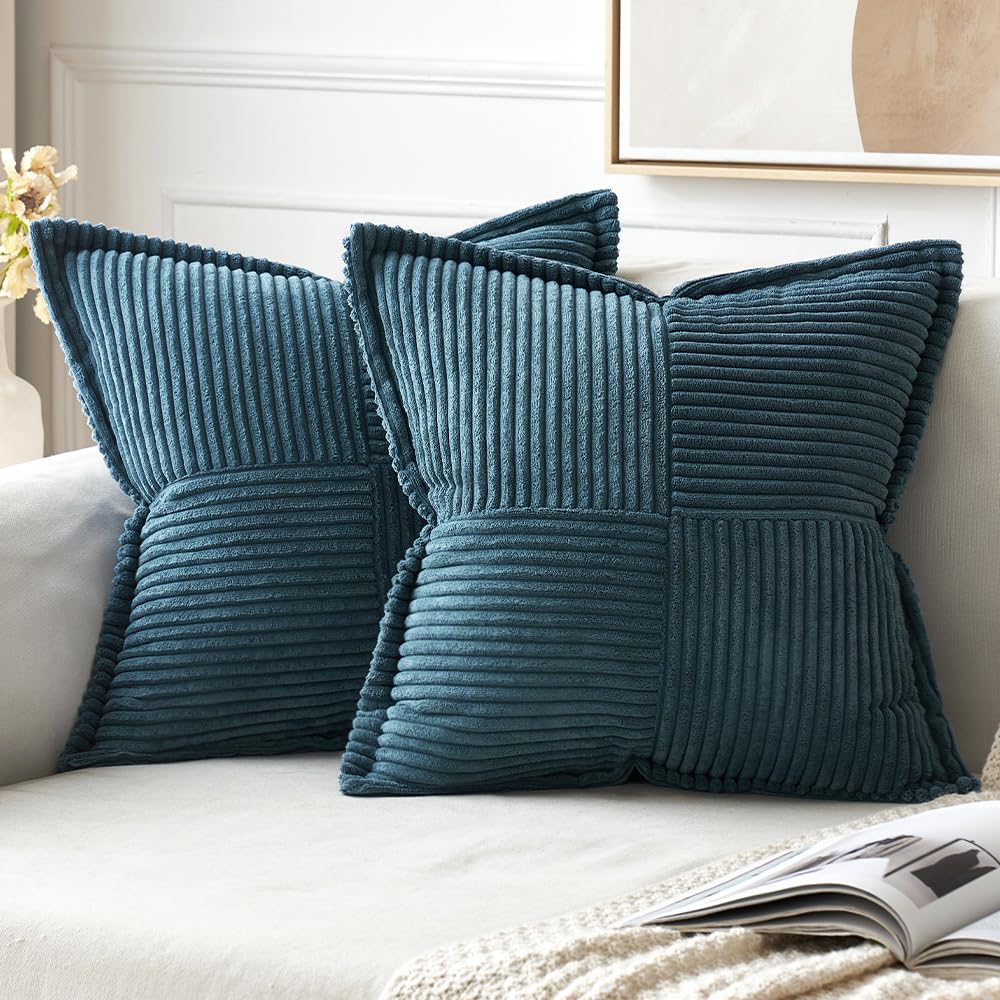 Miulee Blue Corduroy Pillow Covers 20 X 20 Inch With Splicing Set Of 2 Super Soft Boho Striped Pillow Covers Broadside Decorativ