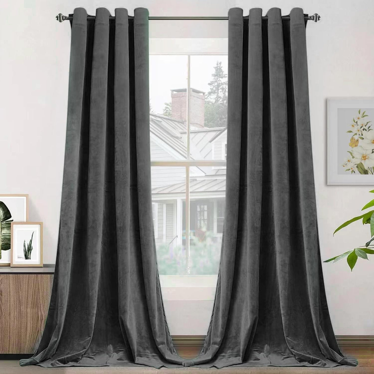 SMILETIME Dark Grey 96 in Long Velvet Curtains with Grommet, Thermal Insulated Super Soft Privacy Noise Reducing Light Blocking 