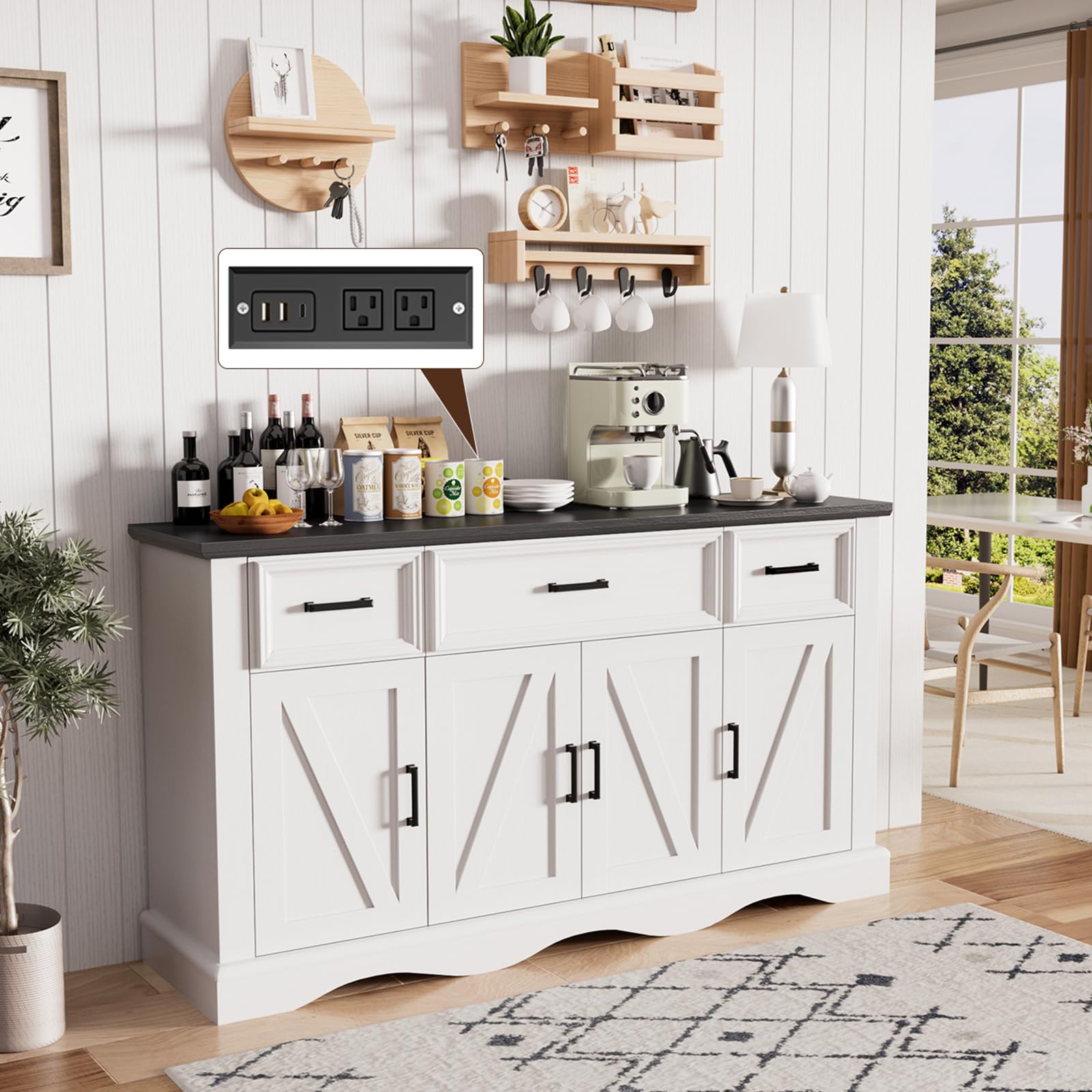 58 ' Large Wooden Buffet Cabinet With Storage, Modern Coffee Bar And Wine Bar, Wave Base Design, Multi-Purpose Buffet Table Wit