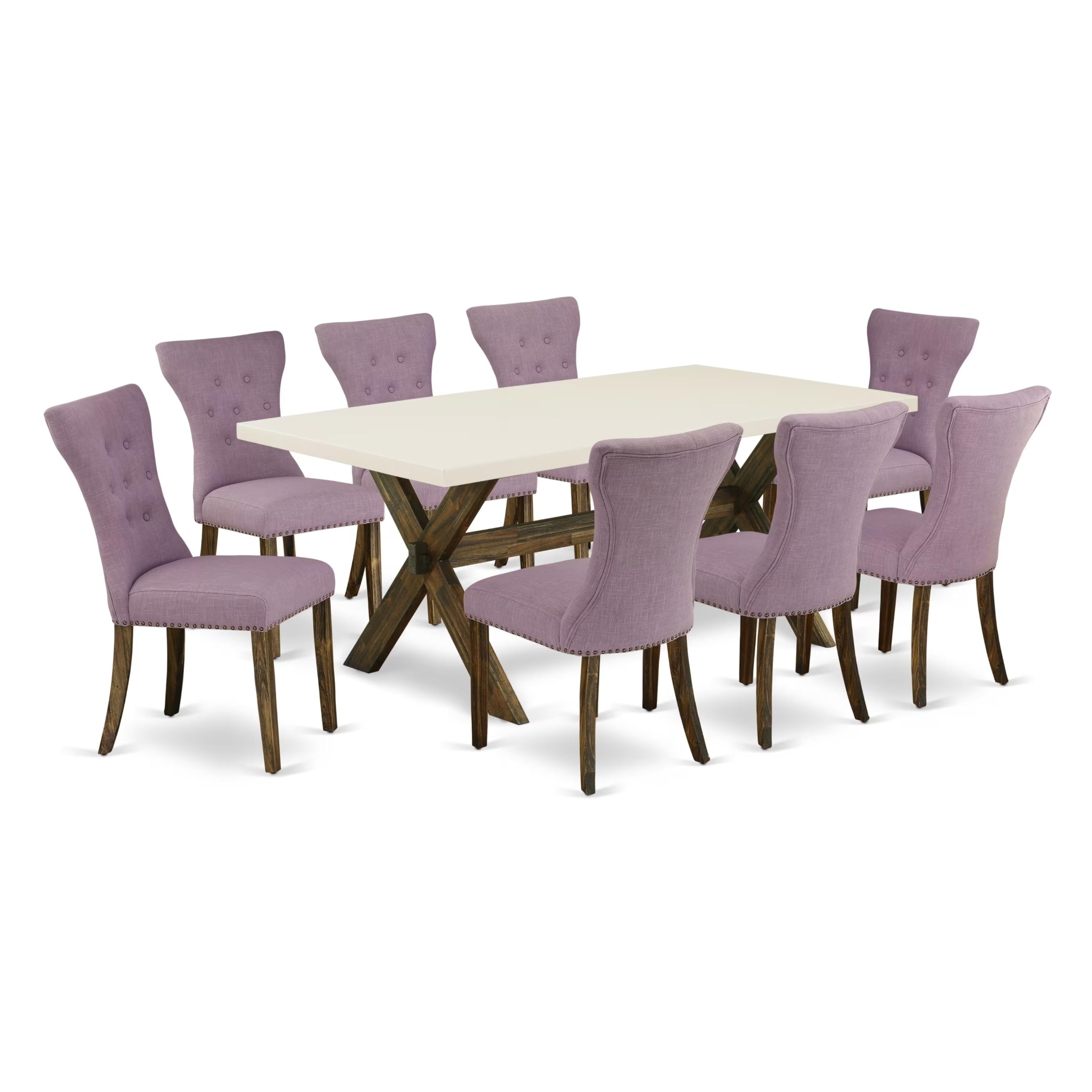 East West Furniture X727Ga740-9 9 Piece Kitchen Table Set Includes A Rectangle Dining Table With X-Legs And 8 Dahlia Linen Fabric Parson Dining Room Chairs, 40X72 Inch, Multi-Color