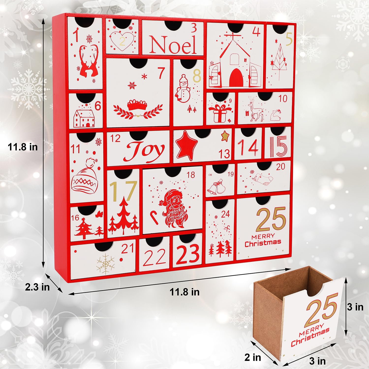 Juegoal Red Advent Calendar, 11.8 Inch Christmas Wooden Advent Calendar With 25 Large Drawers, Christmas Countdown Calendar 2024