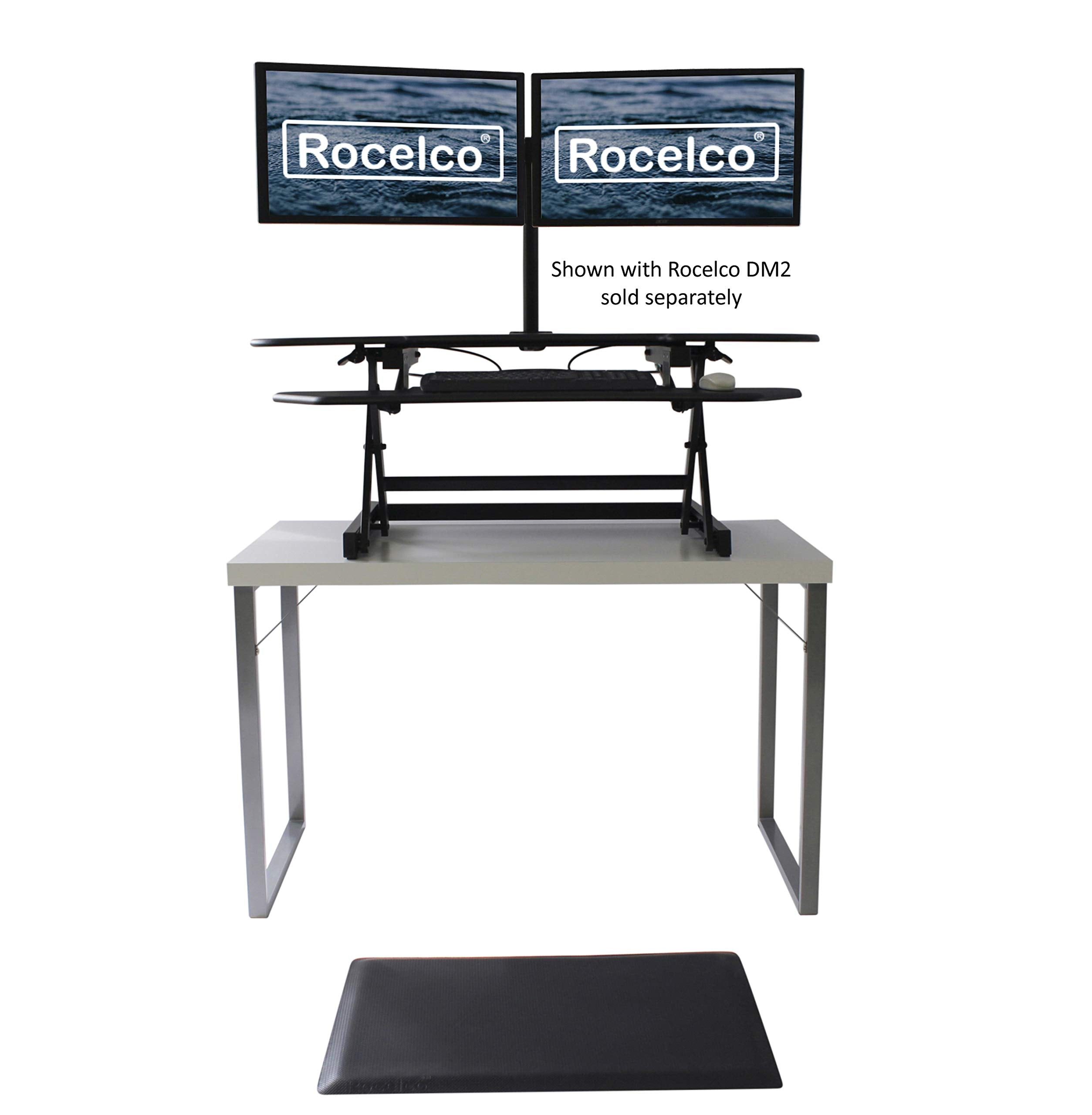 Rocelco 46&quot; Height Adjustable Corner Standing Desk Converter with Anti Fatigue Mat BUNDLE, Quick Sit Standup Dual Monitor Riser, Computer Workstation-Keyboard Tray, (R CADRB-46-MAFM), Black