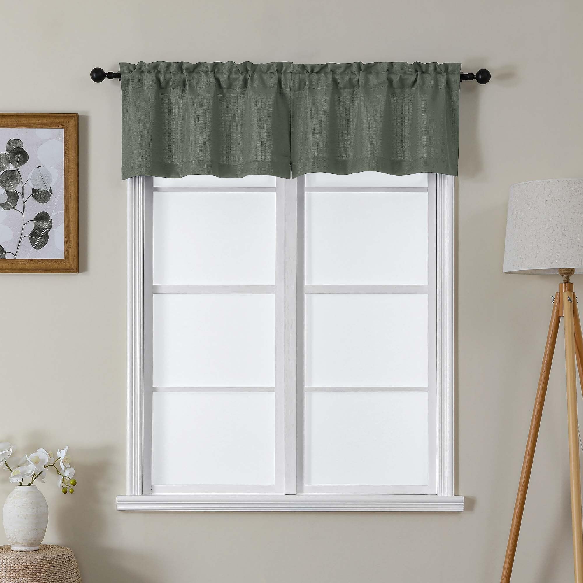 Lecloud Bessie Olive Green Valances for Windows 14 Inch Length 2 Pcs, Faux Linen Textured Kitchen Curtains, Rod Pocket Short Cur