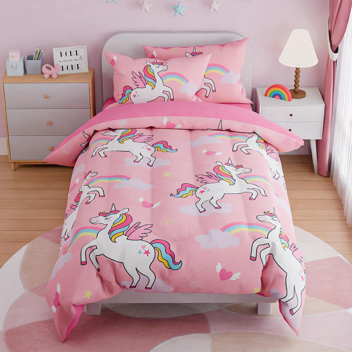 Sandjest Unicorns Bedding Twin Set For Girls Kids Children, Ultra Soft Microfiber Comforter Set With 3-Pieces, Comforters Bed Se