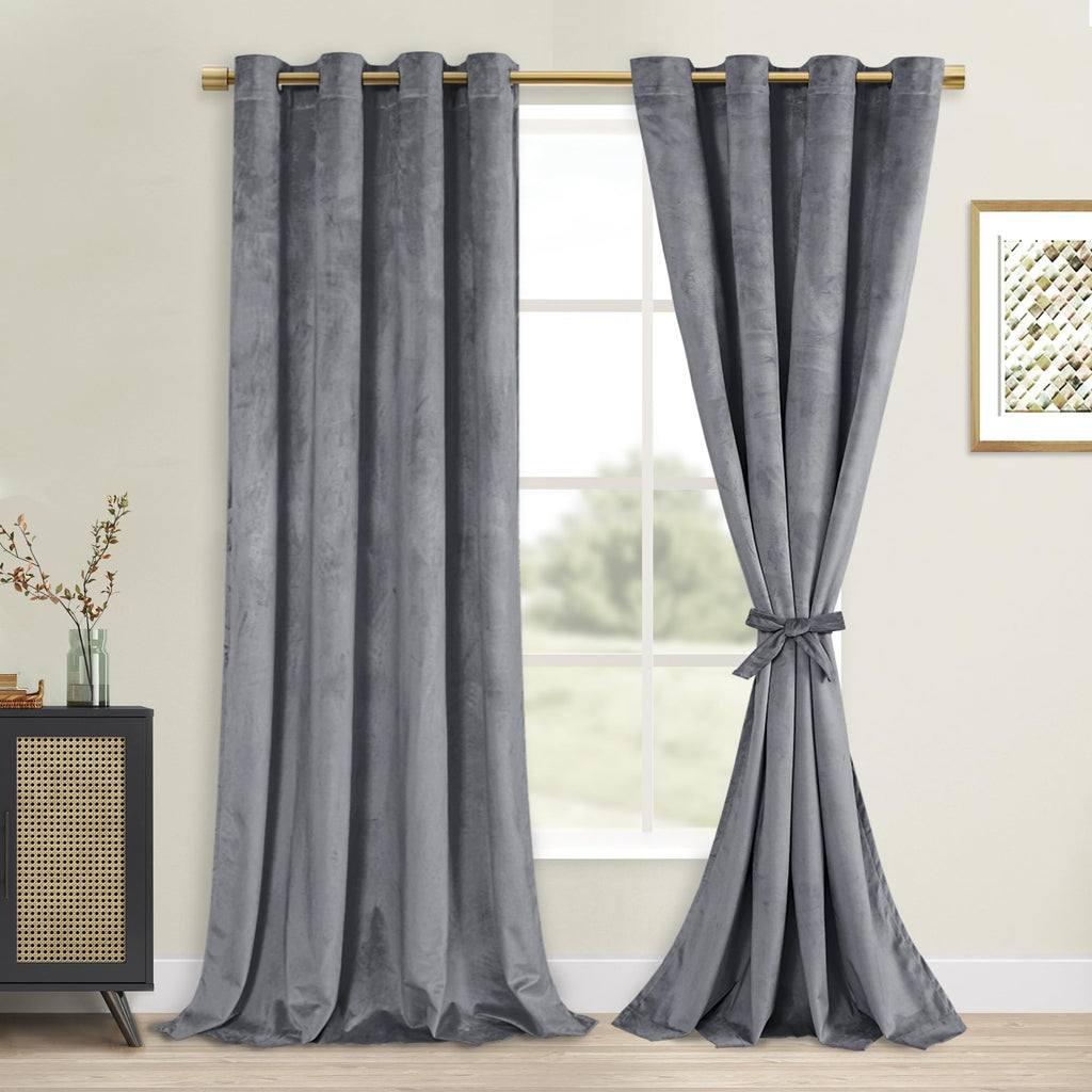 DWCN Grey Velvet Curtains 96 Inches Long with Tiebacks - Thermal Insulated Grommet Tieable Window Curtains Blackout Room Darkeni