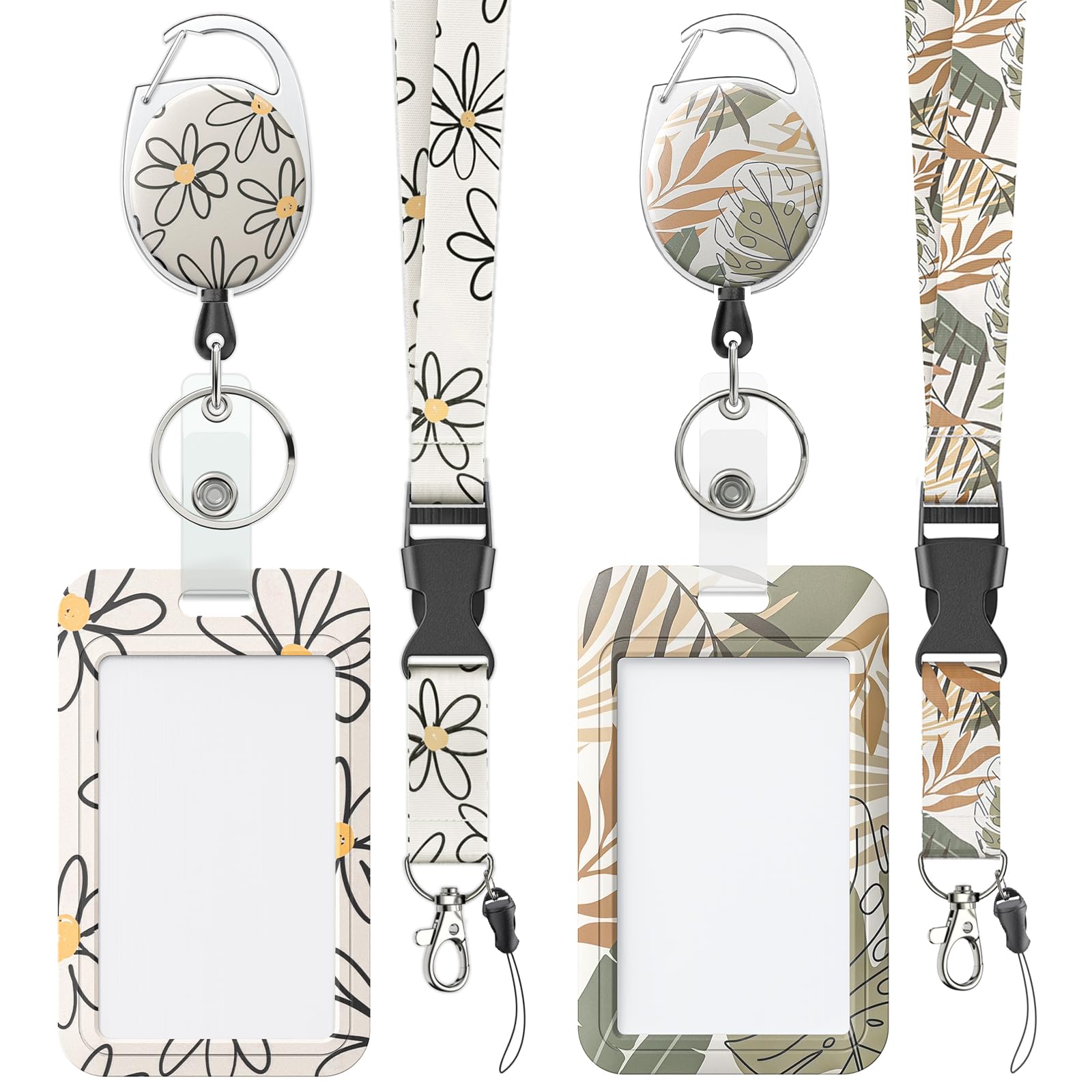 Uniclife 2 Pack Floral Sliding Badge Holder Flower Leaves Plastic Case With Retractable Badge Reel Carabiner Clip And Detachable