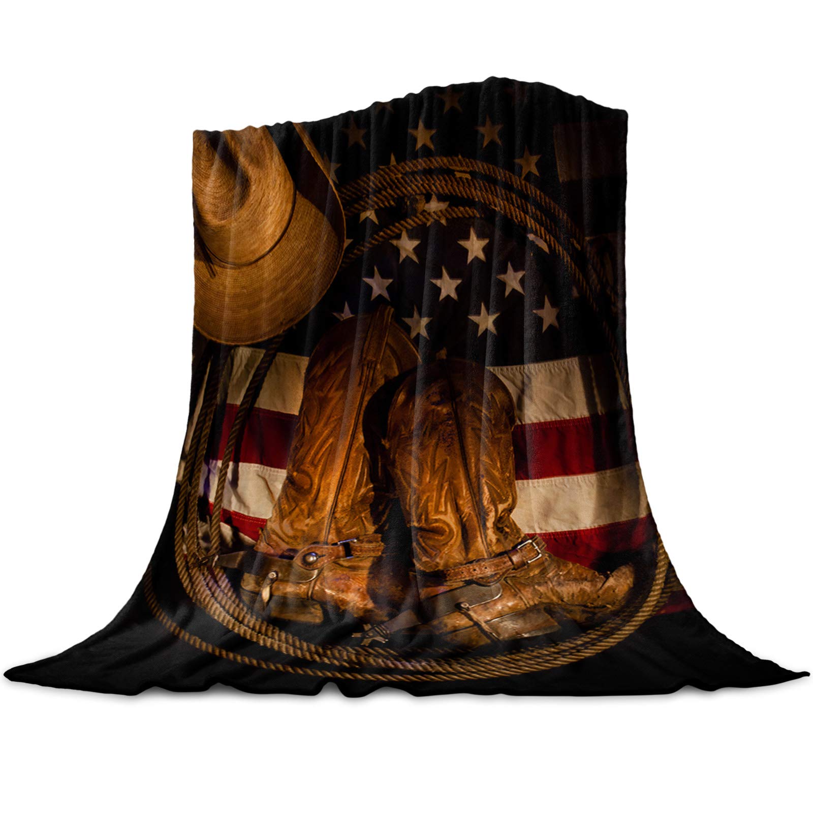 T&H Xhome Flannel Fleece Microfiber Throw Blanket Usa Western Blanket, Cowboy Hat With Boots Rope On American Flag Soft Warm Fuz