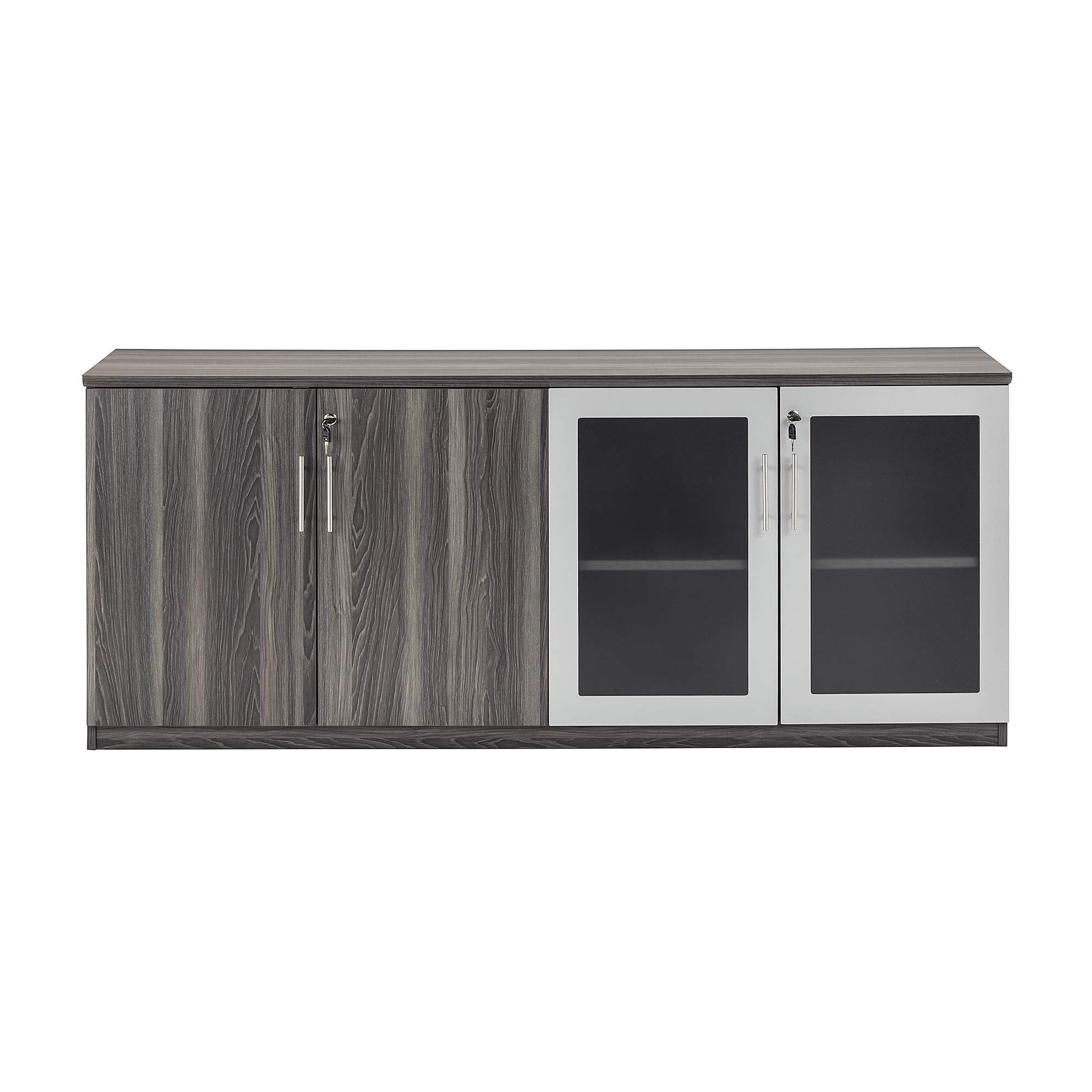 Safco Products Medina Modern Office Storage Wall Cabinet With Wood And Glass Doors, 72&quot;W X 20&quot;D X 29 1/2&quot;H, Gray Steel