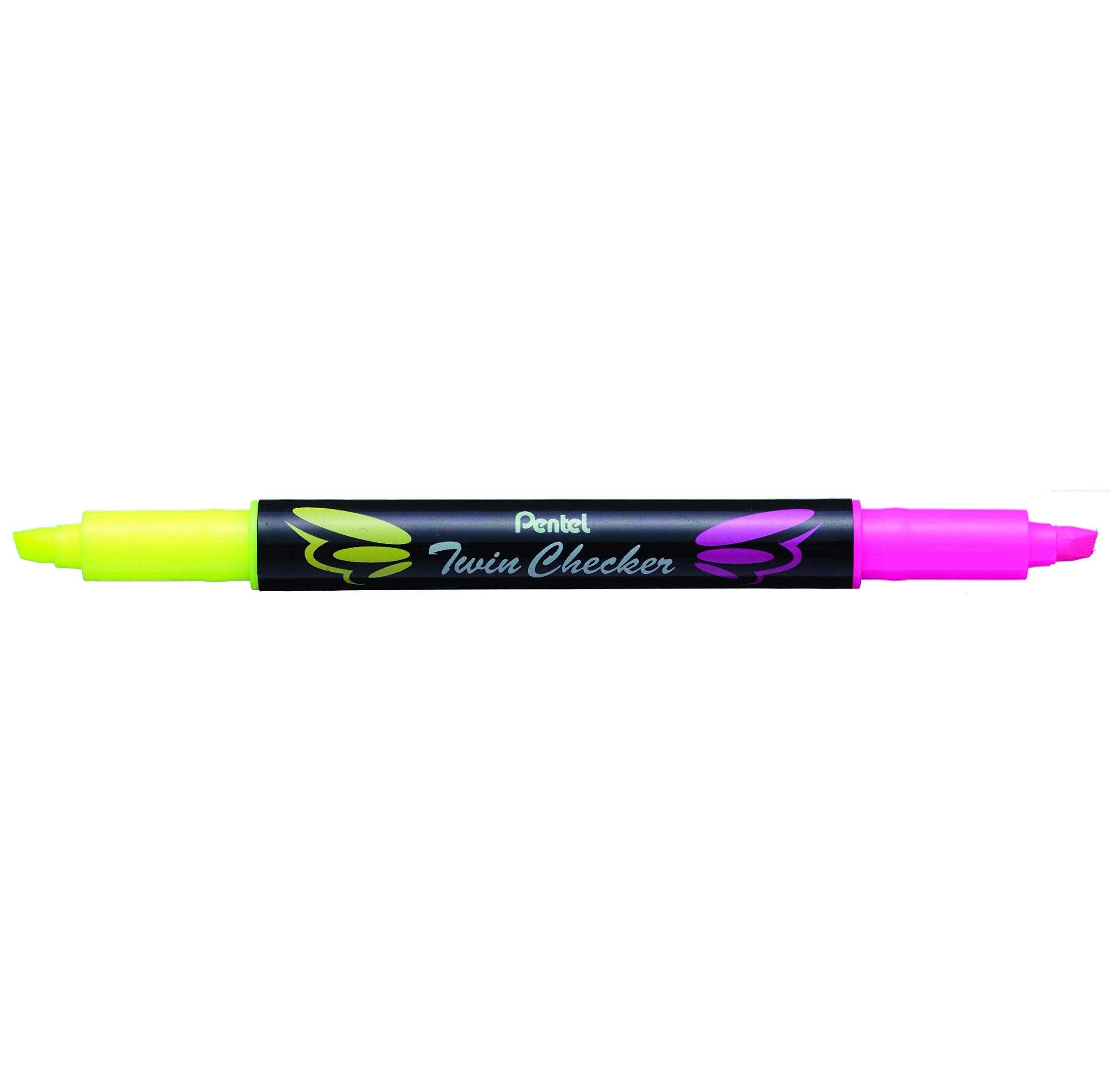 Pentel Twin Checker Dual-Tip Highlighter, Chisel Tip, Yellow/Pink Ink, Pack Of 12 (Slw8-Gp)