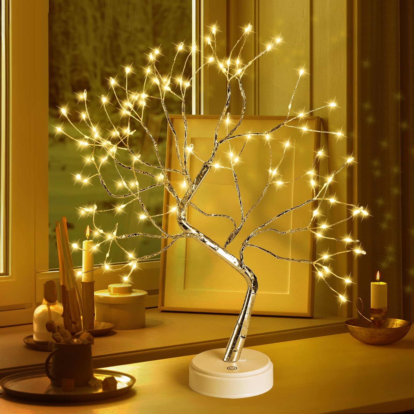 Hbaushun 20 Tabletop Bonsai Tree Light, 108 LED Fairy Light Spirit Tree, Battery/USB Operated, Touch Sensor Switches, DIY Artifi