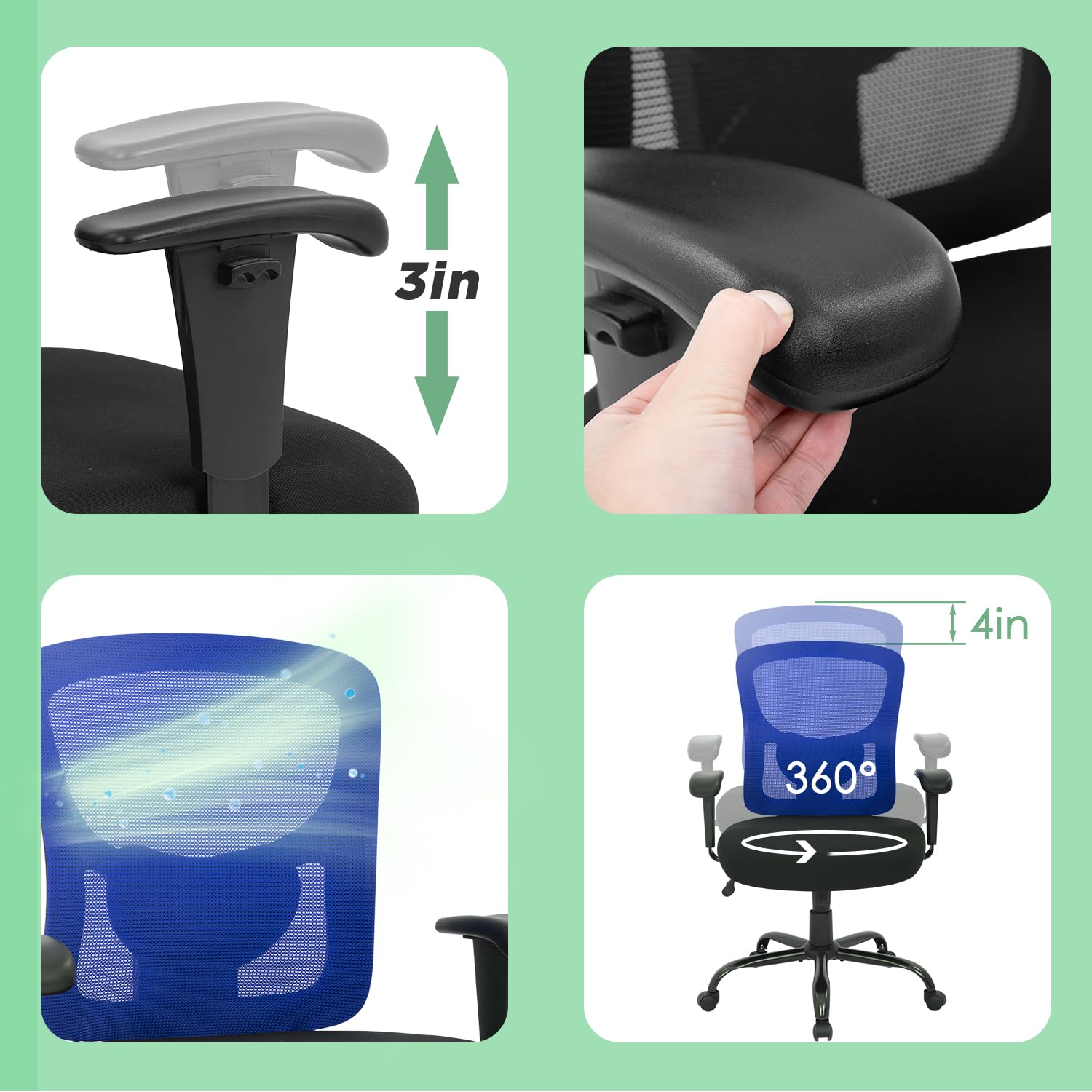 Bestoffice Big And Tall Office Chair 400Lbs Desk Chair Mesh Computer Chair With Lumbar Support Wide Seat Adjust Arms Rolling Swivel High Back Task Executive Ergonomic Chair For Home Office (Blue)