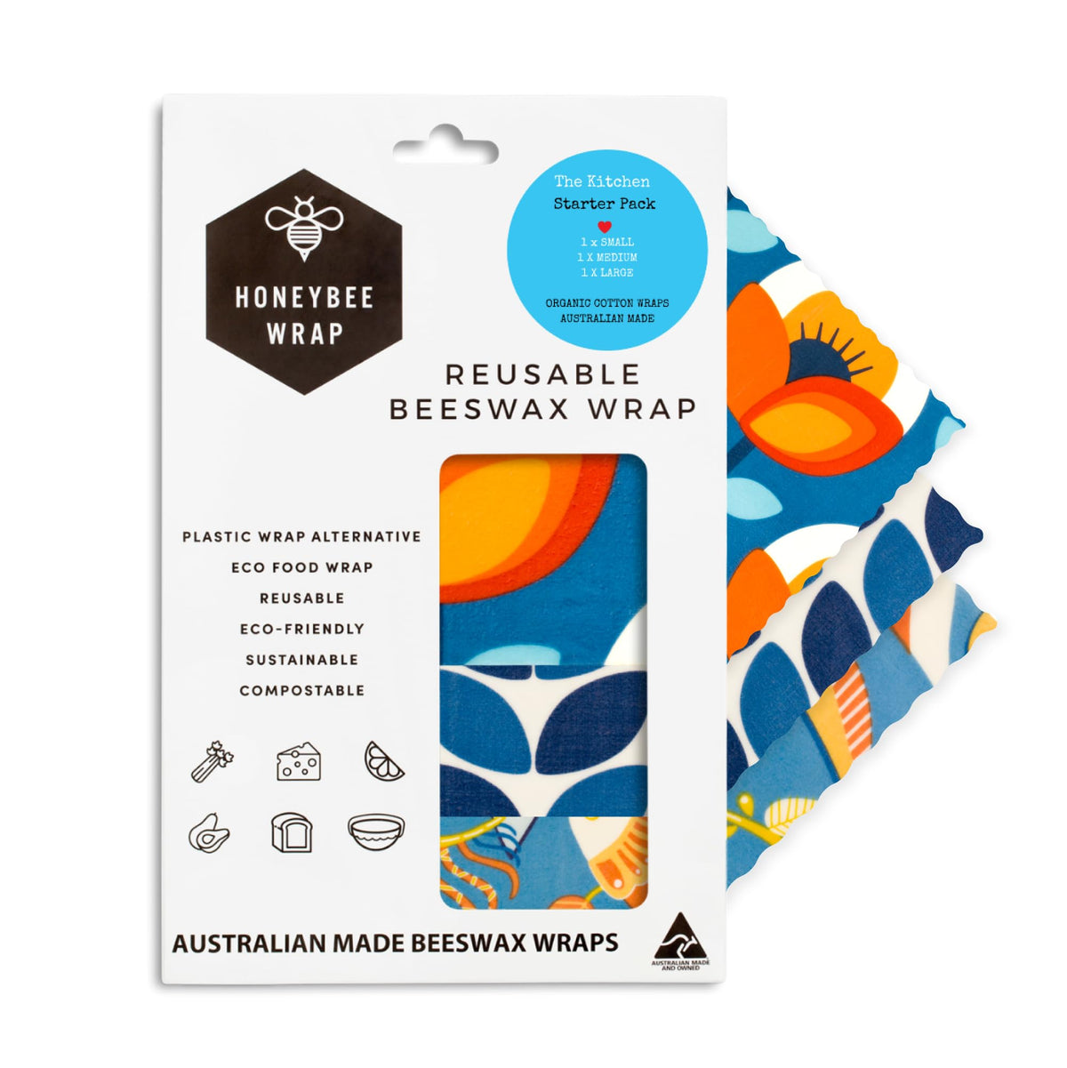 Honeybee Beeswax Wraps - Kitchen Starter Pack - Certified Organic Cotton Beeswax Wrap - Reusable Beeswax Wraps For Food - Plasti