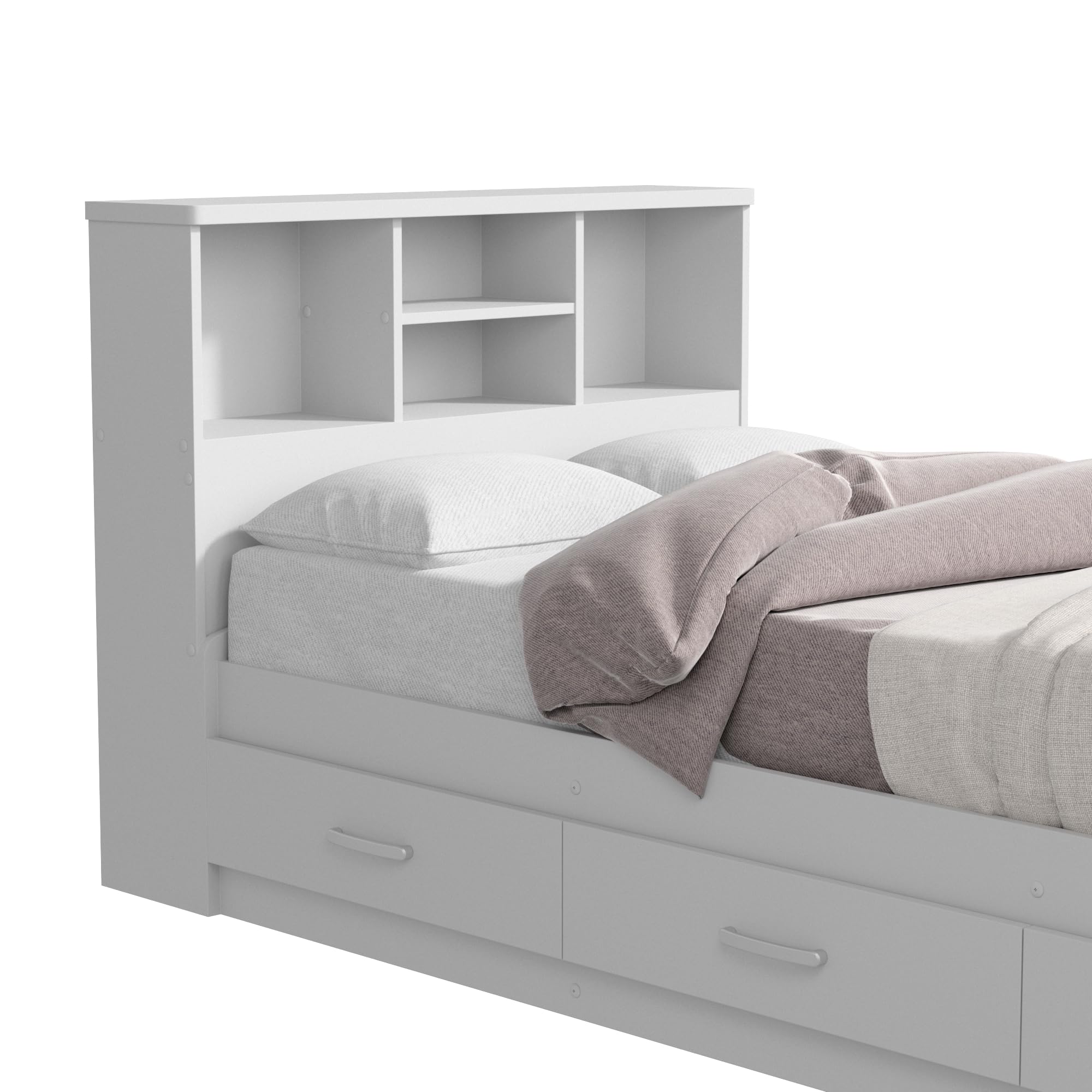 Bed with 3 Drawers and Bookcase Headboard (White, Twin)