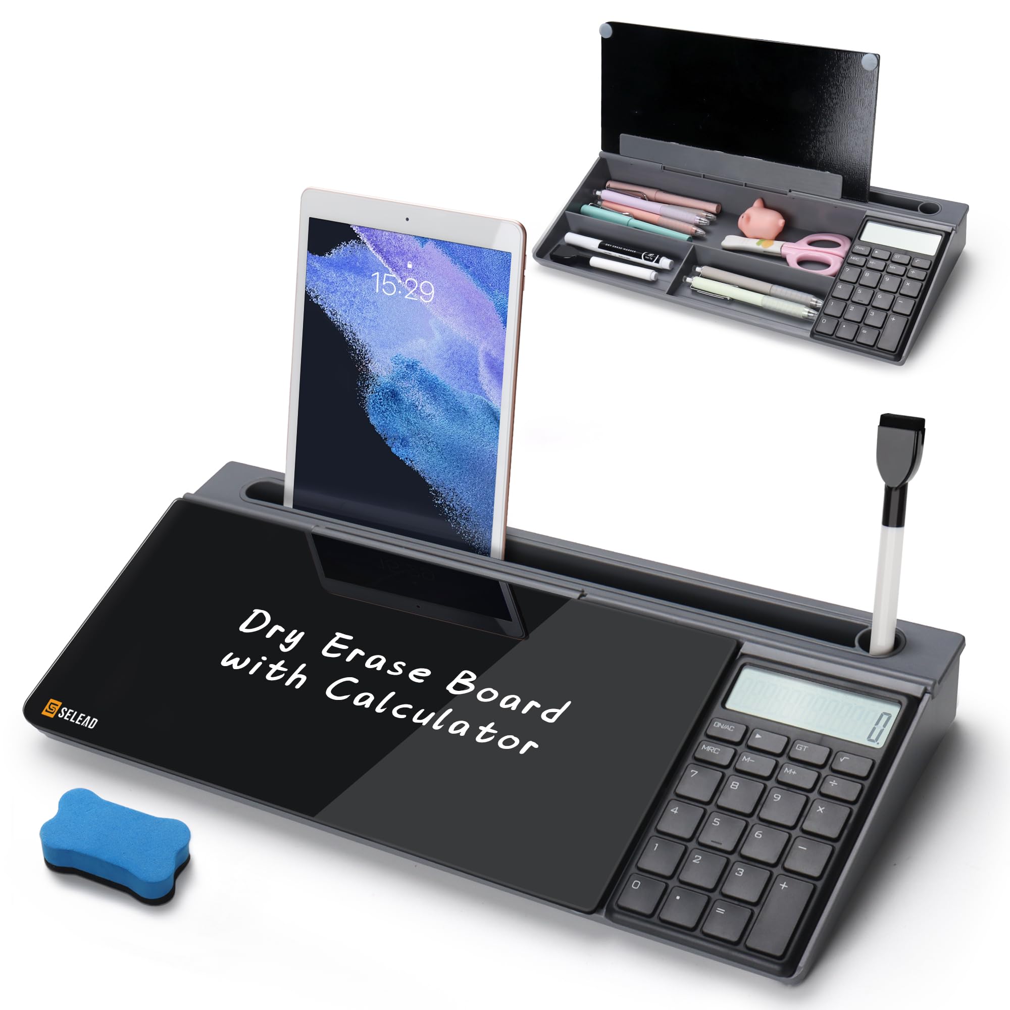 Selead Desktop Glass Whiteboard With Calculator, Organizer, Markers, Eraser, Holder - Black Dry Erase White Board Computer Pad K