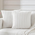 BBiggood Cream White Throw Pillow Covers 16x16 Set of 2, Velvet Striped Decor Cushion Covers with Back Faux Rabbit Fur Pillow Co