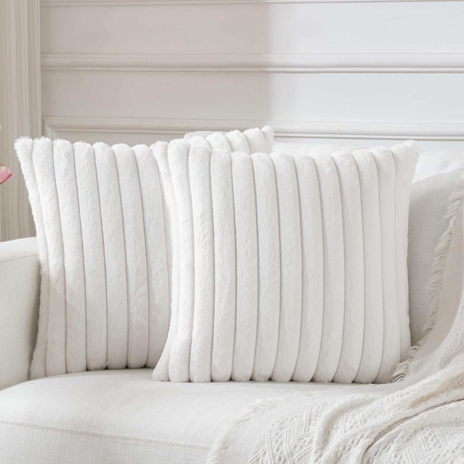 BBiggood Cream White Throw Pillow Covers 16x16 Set of 2, Velvet Striped Decor Cushion Covers with Back Faux Rabbit Fur Pillow Co